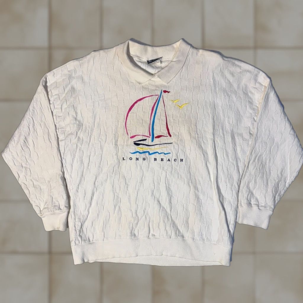 Vintage VINTAGE Cottontops Sweatshirt Long Beach 90s Textured Collared Pullover White XL Men Size US XL / EU 56 / 4 - 1 Thumbnail
