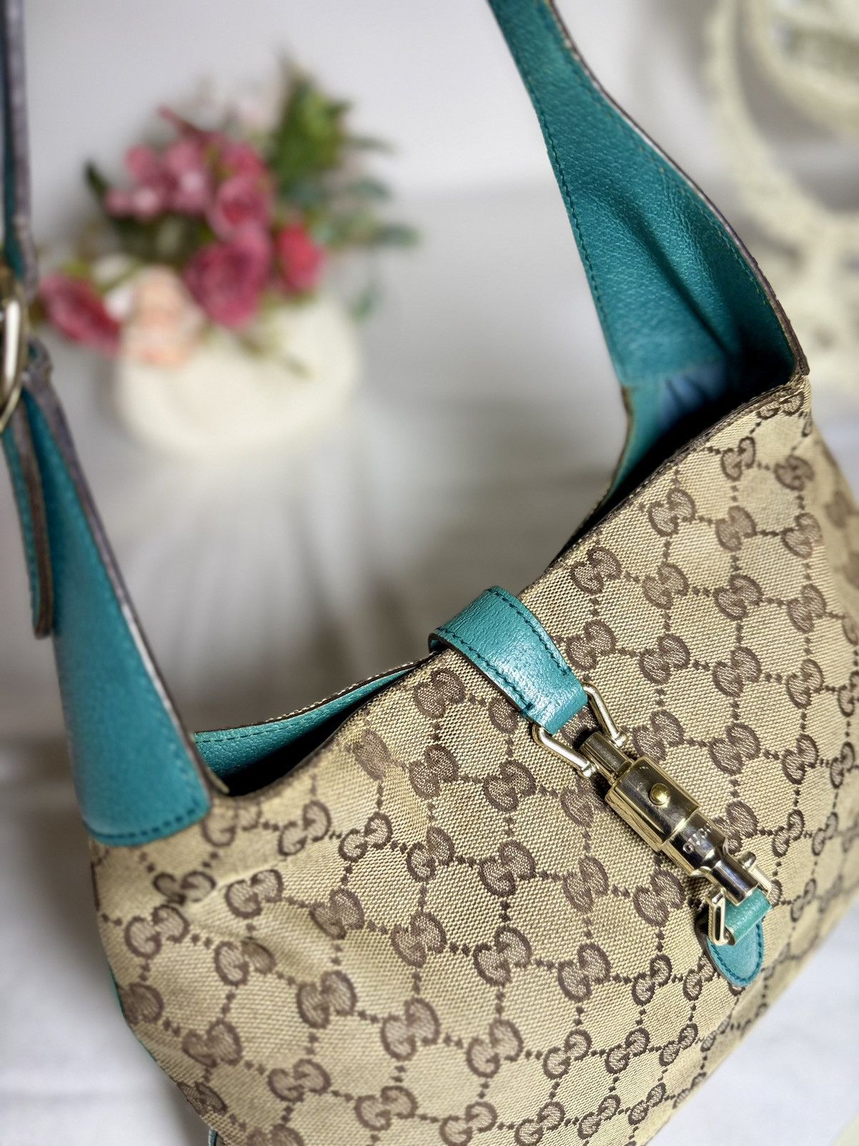 Gucci Authentic GUCCI Jackie 1961 Beige Canvas x Teal Hobo Bag Size ONE SIZE - 9 Thumbnail