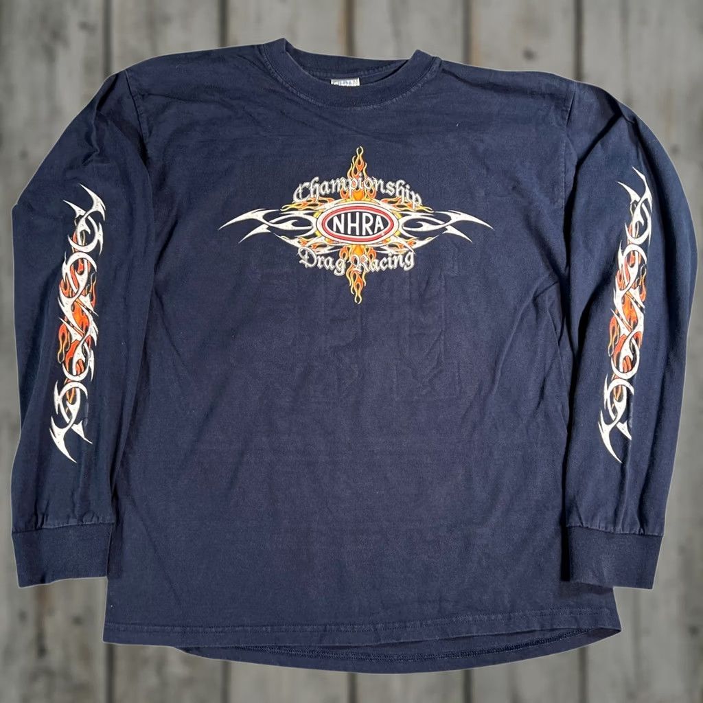 Gildan NHRA Championship Drag Racing Long Sleeve T-Shirt Men Large Navy Blue Tribal Flames Size US L / EU 52-54 / 3 - 1 Thumbnail