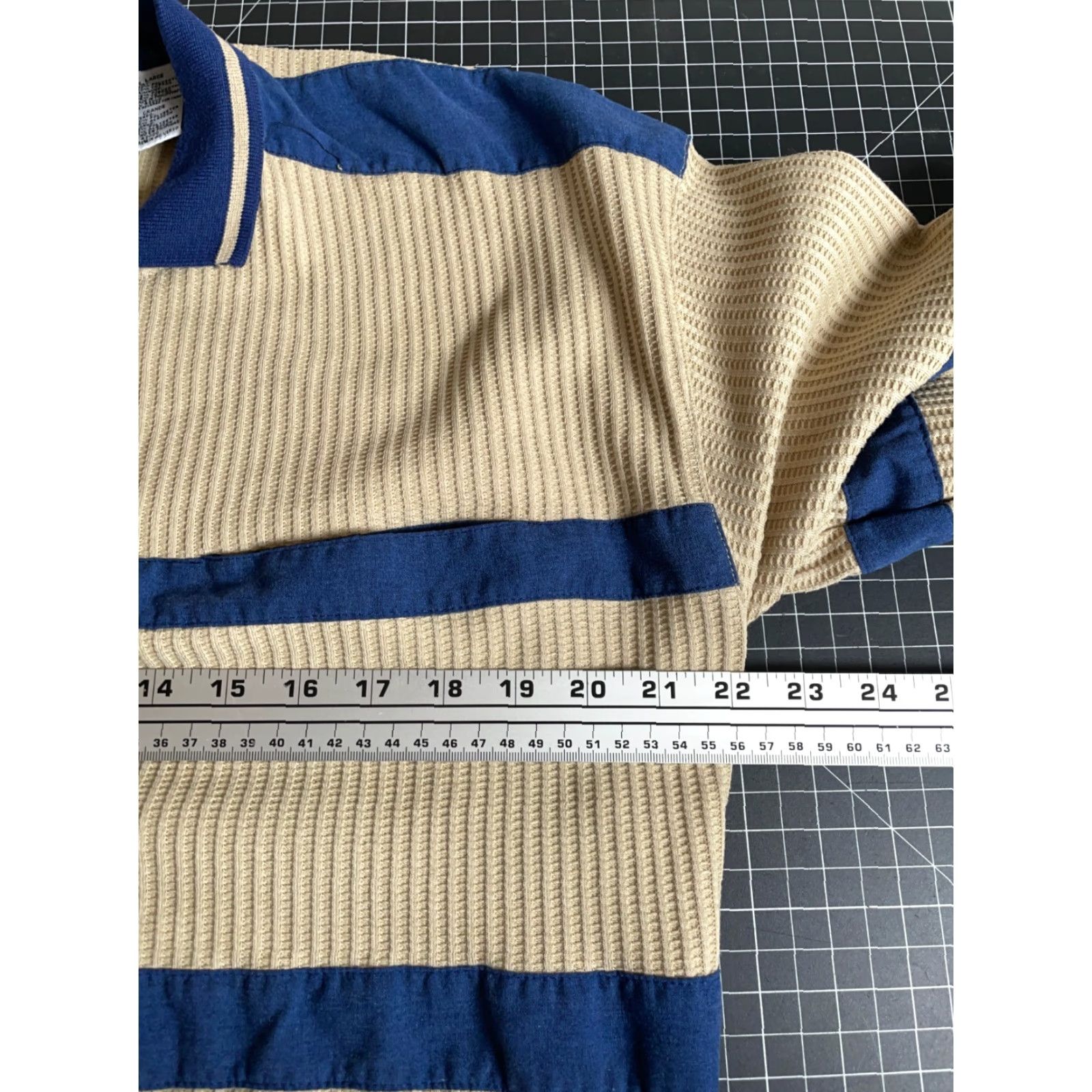 Vintage Envoy Polo Shirt Shirt Adult Large Beige 90s Retro Waffle Knit Long Sleeve Blue Panel Trim Vintage Mens Size US L / EU 52-54 / 3 - 5 Thumbnail