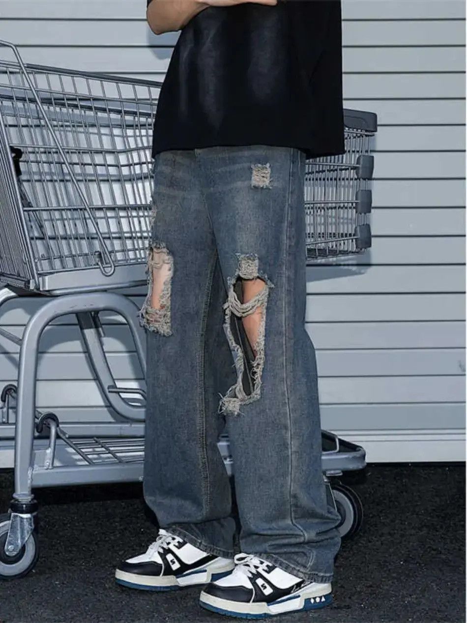 Japanese Brand Straight fit wide leg ripped jeans Size US 32 / EU 48 - 4 Thumbnail