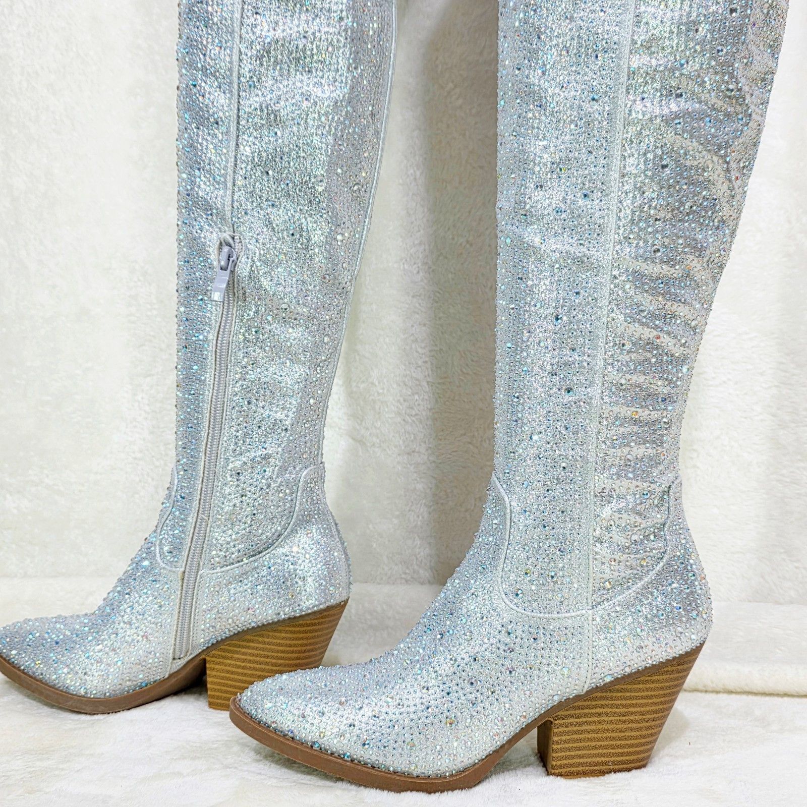 Other Country Glam Iridescent Silver Rhinestone OTK Thigh High Cow Size US 7 / IT 37 - 7 Thumbnail