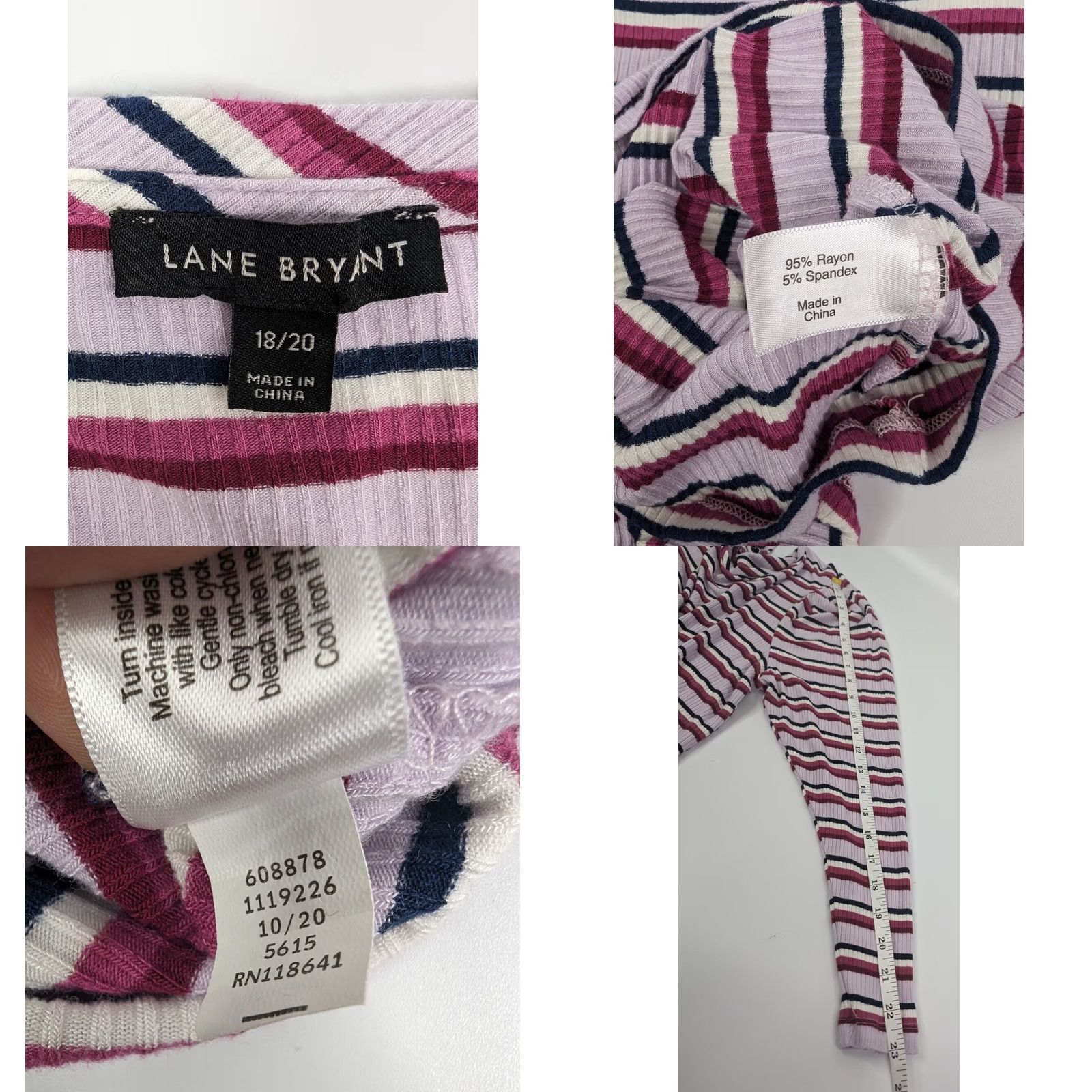 Vintage Lane Bryant Puff-Shoulder Ribbed Tee Women's Plus 20 Long Sleeve Striped Pink Navy Size 3XL / US 20-22 - 8 Thumbnail