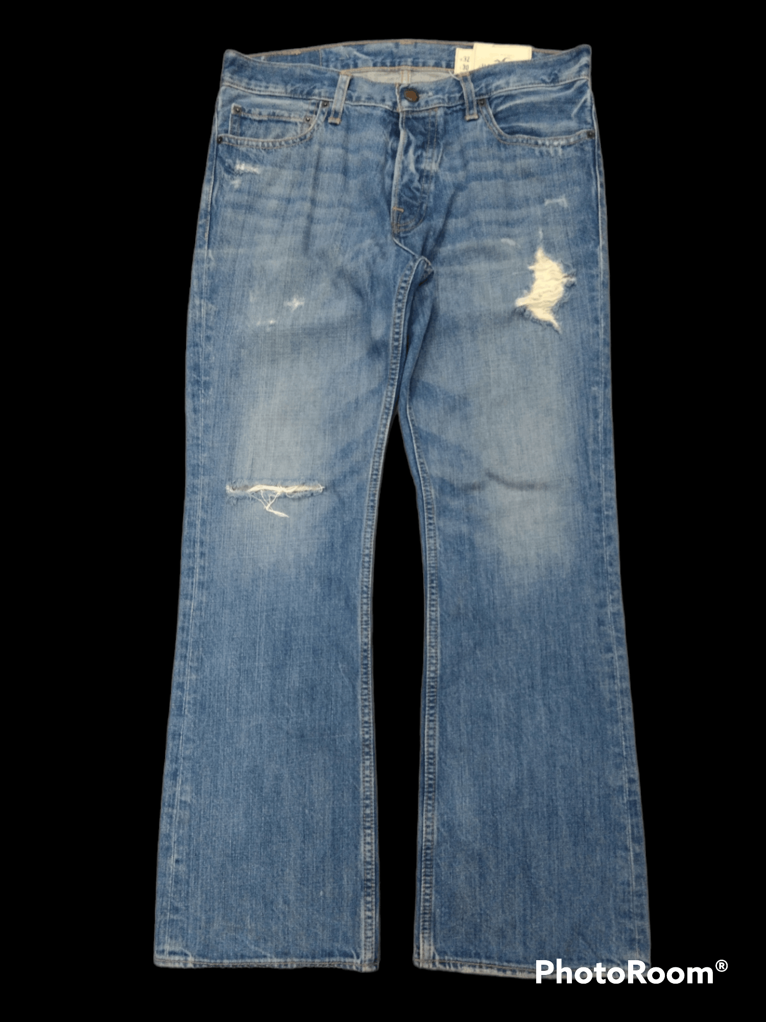 image of Avant Garde Flare Sick Riped Hollister Denim Pants in Blue Distressed, Men's (Size 33)