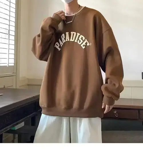 image of Streetwear Vintage Foam Printing Men's American Sweatshirt in Brown (Size Large)