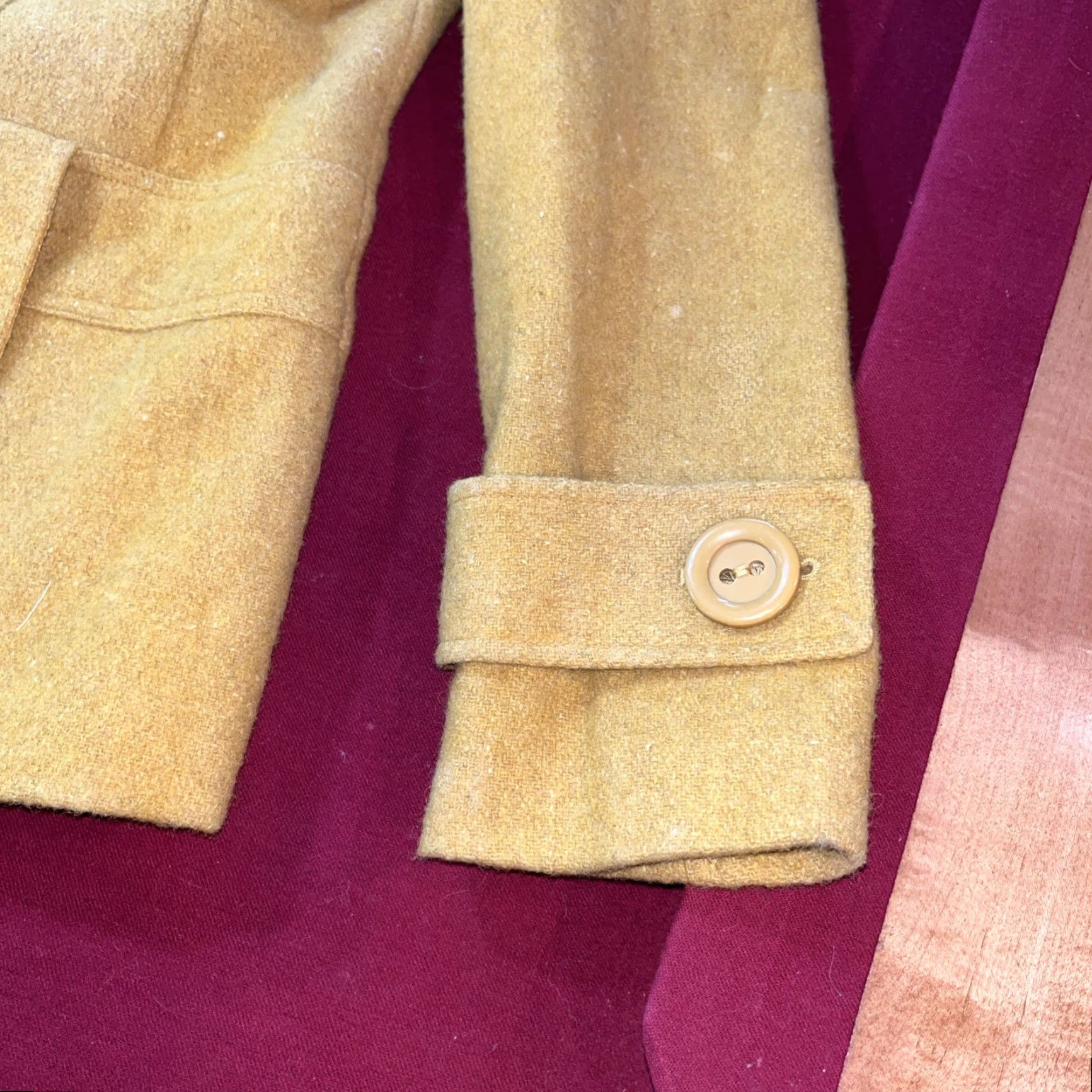 Vintage VINTAGE Relativity Wool Pea Coat Mustard Yellow Short Lined Button Up Straps Double Breasted Petite Womens PM Size 32" / US 10 / IT 46 - 6 Thumbnail
