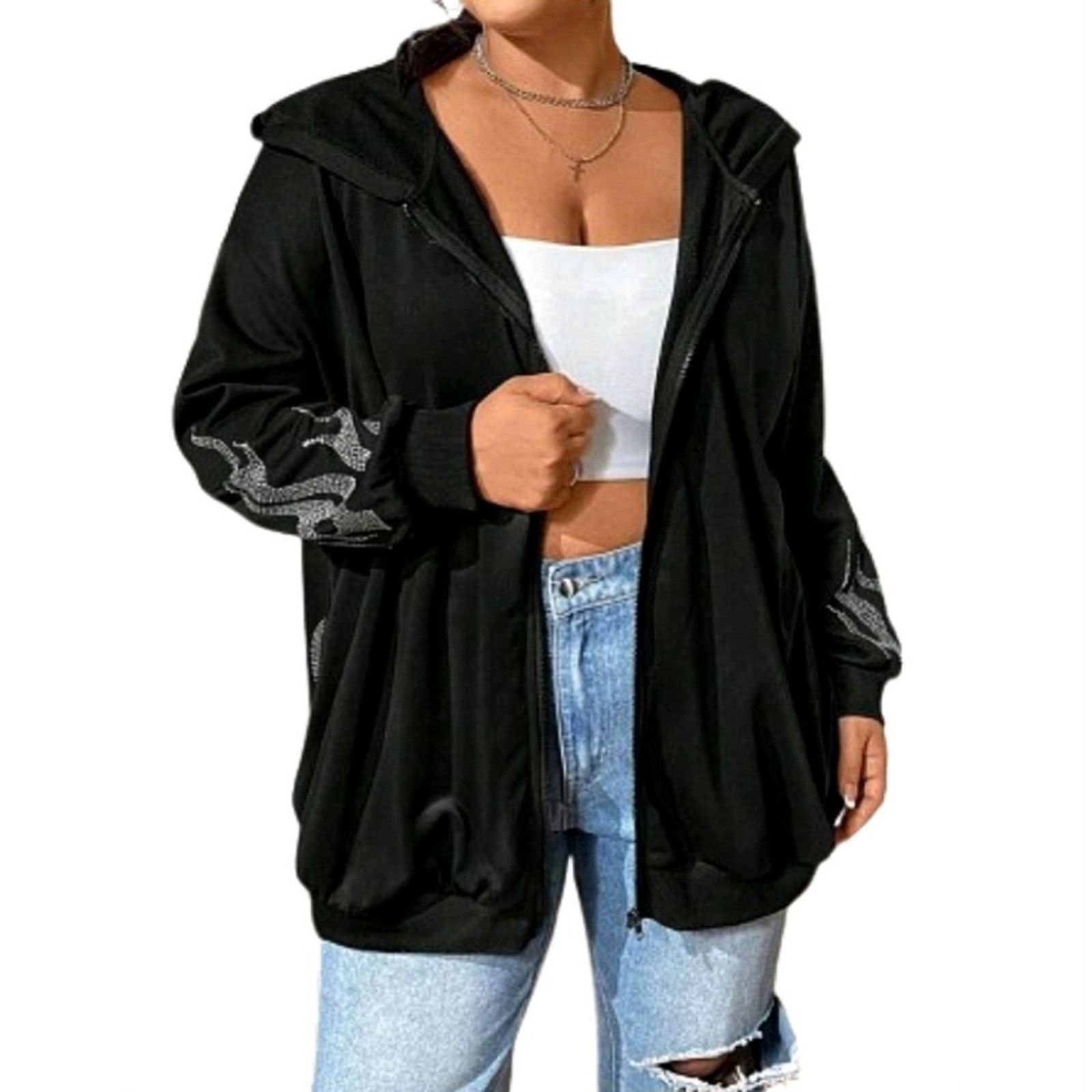 Shein FLAMES ☆ RHINESTONE ACCENT ☆ BLACK OVERSIZED HOODIE 4x ☆ NWT Size 4XL / US 24-26 - 5 Thumbnail