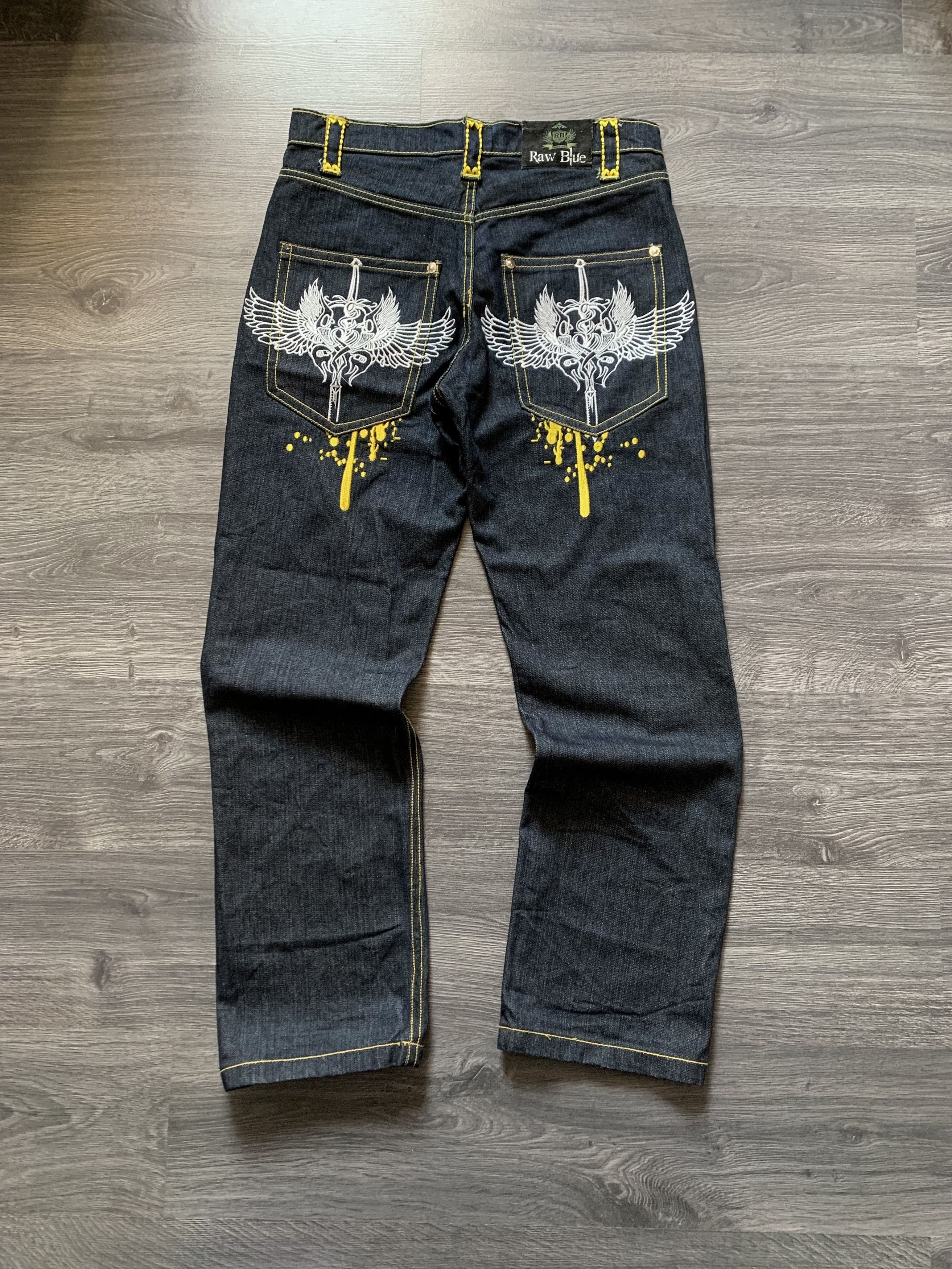 Japanese Brand Raw Blue Y2K Embroidered Baggy Rap Pants Size US 34 / EU 50 - 1 Thumbnail