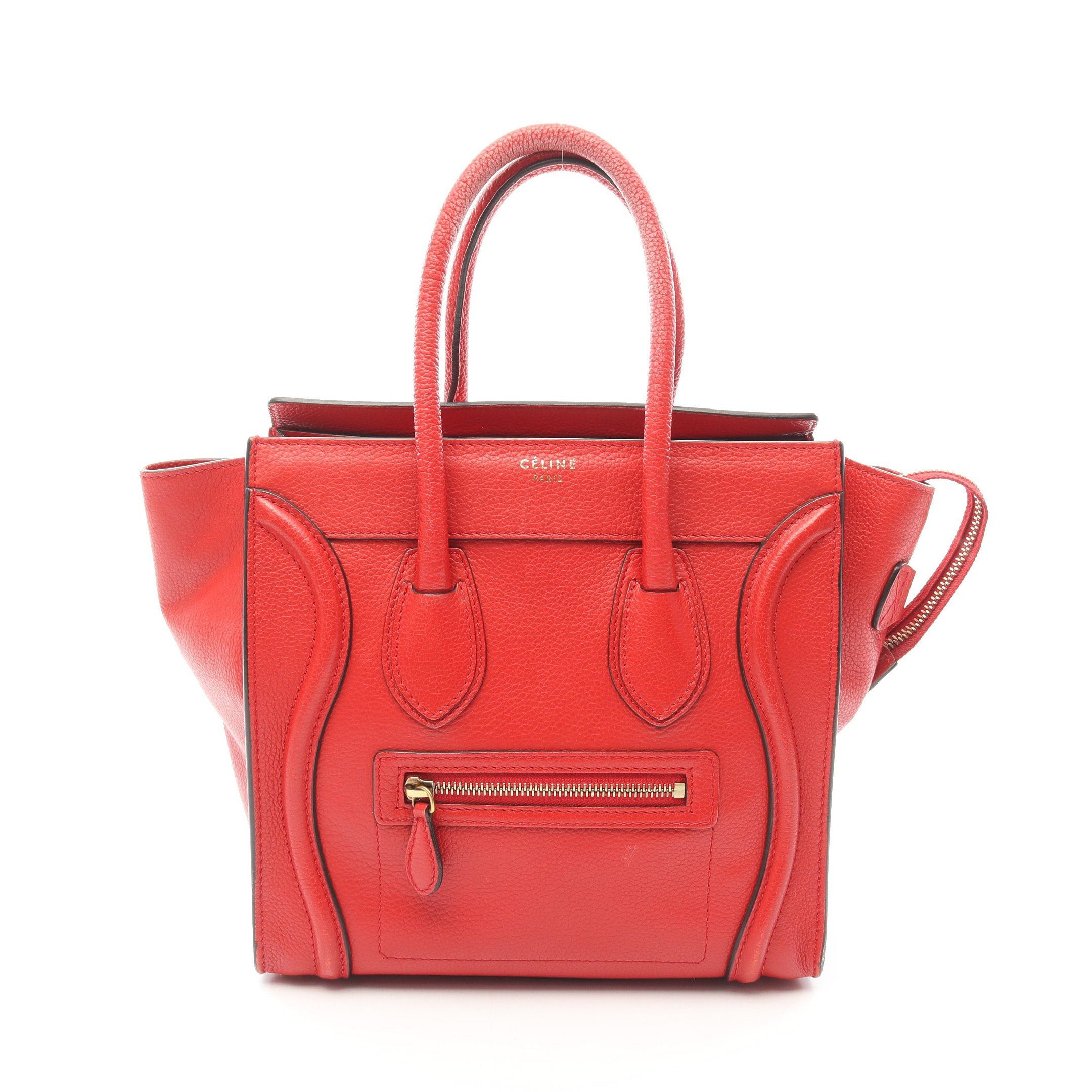 Celine Luggage Micro Shopper Handbag Tote Bag Leather Red, Women's