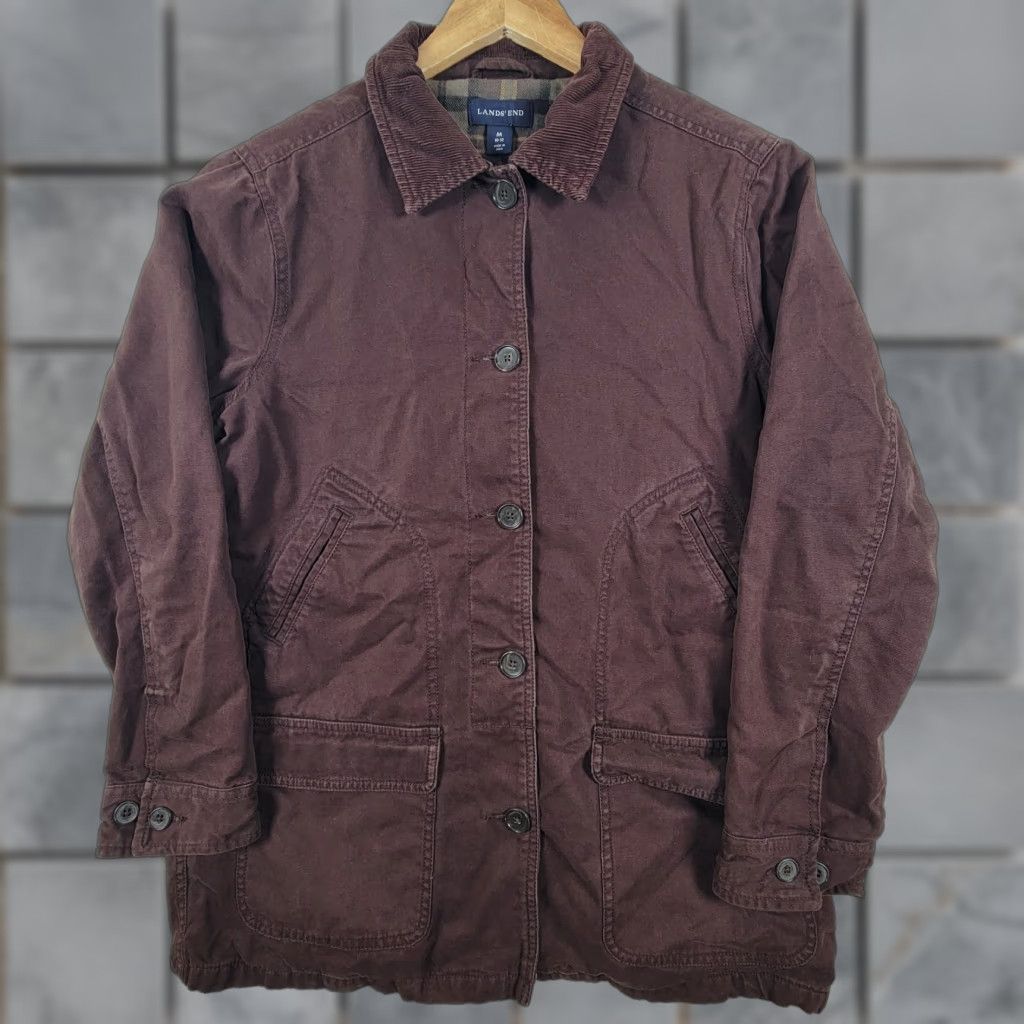 VINTAGE Lands' End Chore Jacket Metric: M Brown Quilted Lined Long Coat Overcoat Casual Workwear 90s Classic Dad Hipster Geek Heritage Vintage Mens