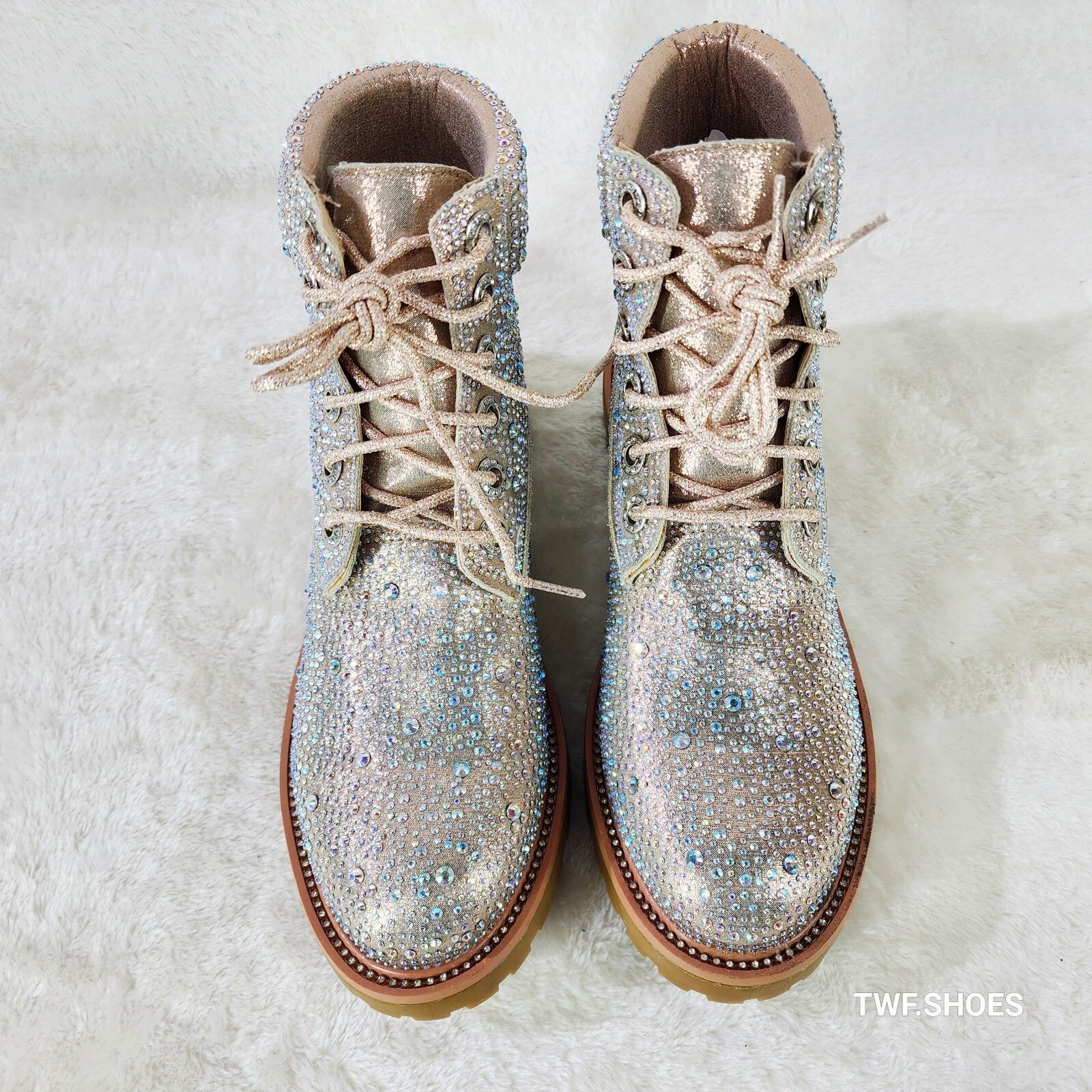 Other Wonder Sparkling Rhinestone Combat Ankle Boots Metallic Rose Size US 7 / IT 37 - 4 Thumbnail