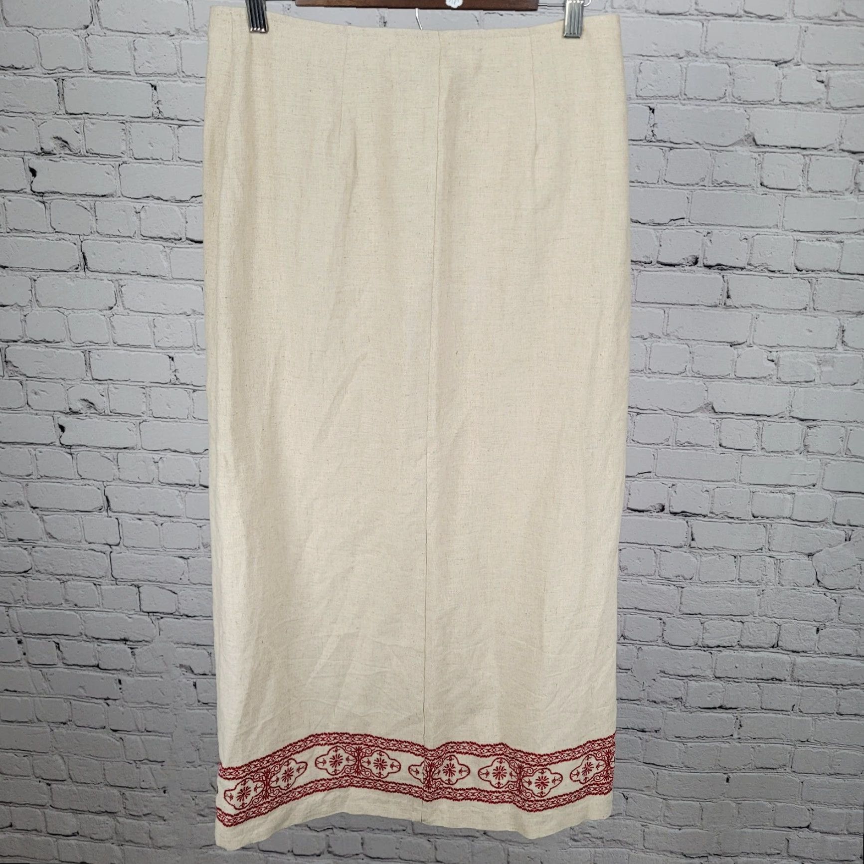 Vintage Susan Gail Beige Linen Blend Buttoned Wrap Skirt 12 Womens Long Red Bohemian Size 34" / US 12 / IT 48 - 2 Thumbnail
