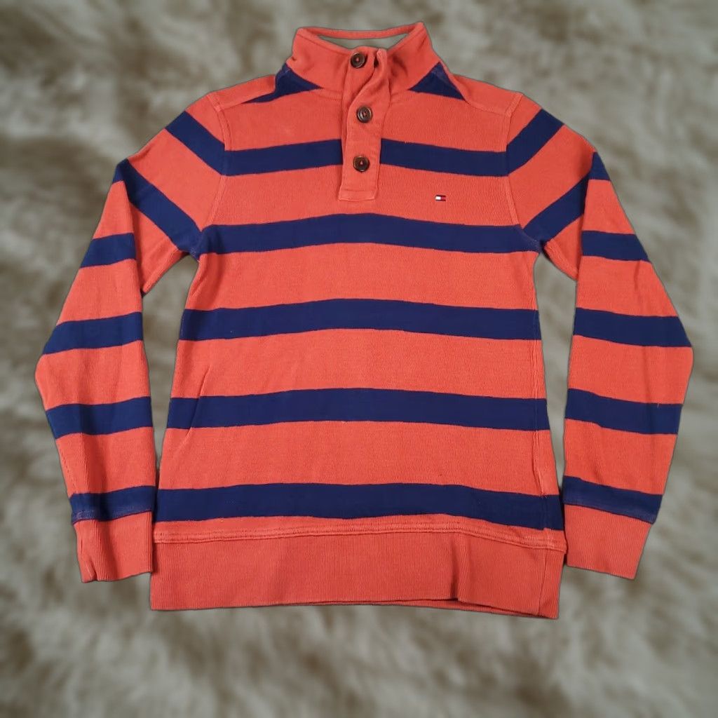 Tommy Hilfiger VINTAGE Tommy Hilfiger Women's Sweater XS Blue Striped Pullover Knit Long Sleeve Mock Neck Casual Fashion Size XS / US 0-2 / IT 36-38 - 1 Thumbnail