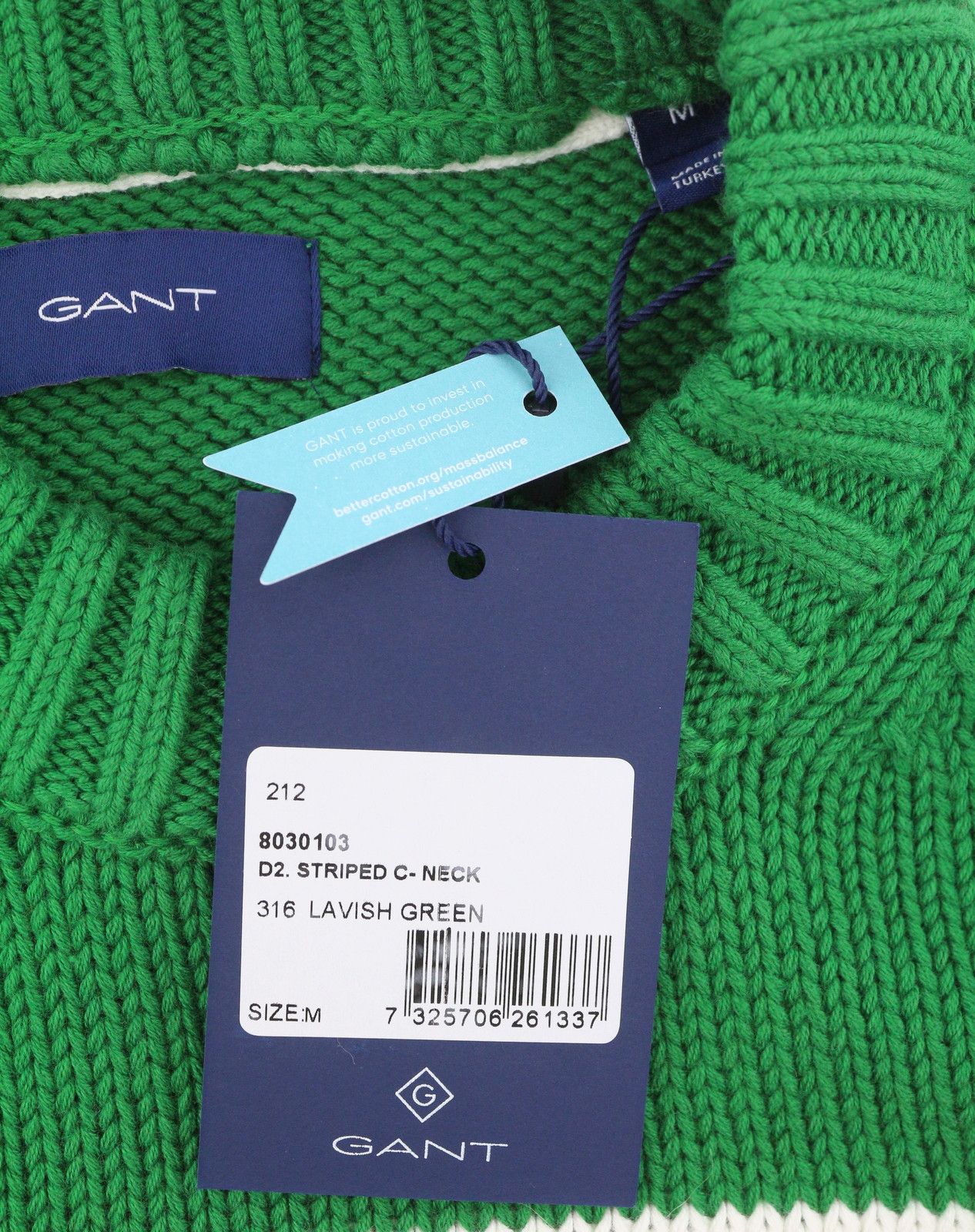 Gant STRIPED C-NECK M Lavish Green Cotton Jumper 87244 Size US M / EU 48-50 / 2 - 7 Thumbnail