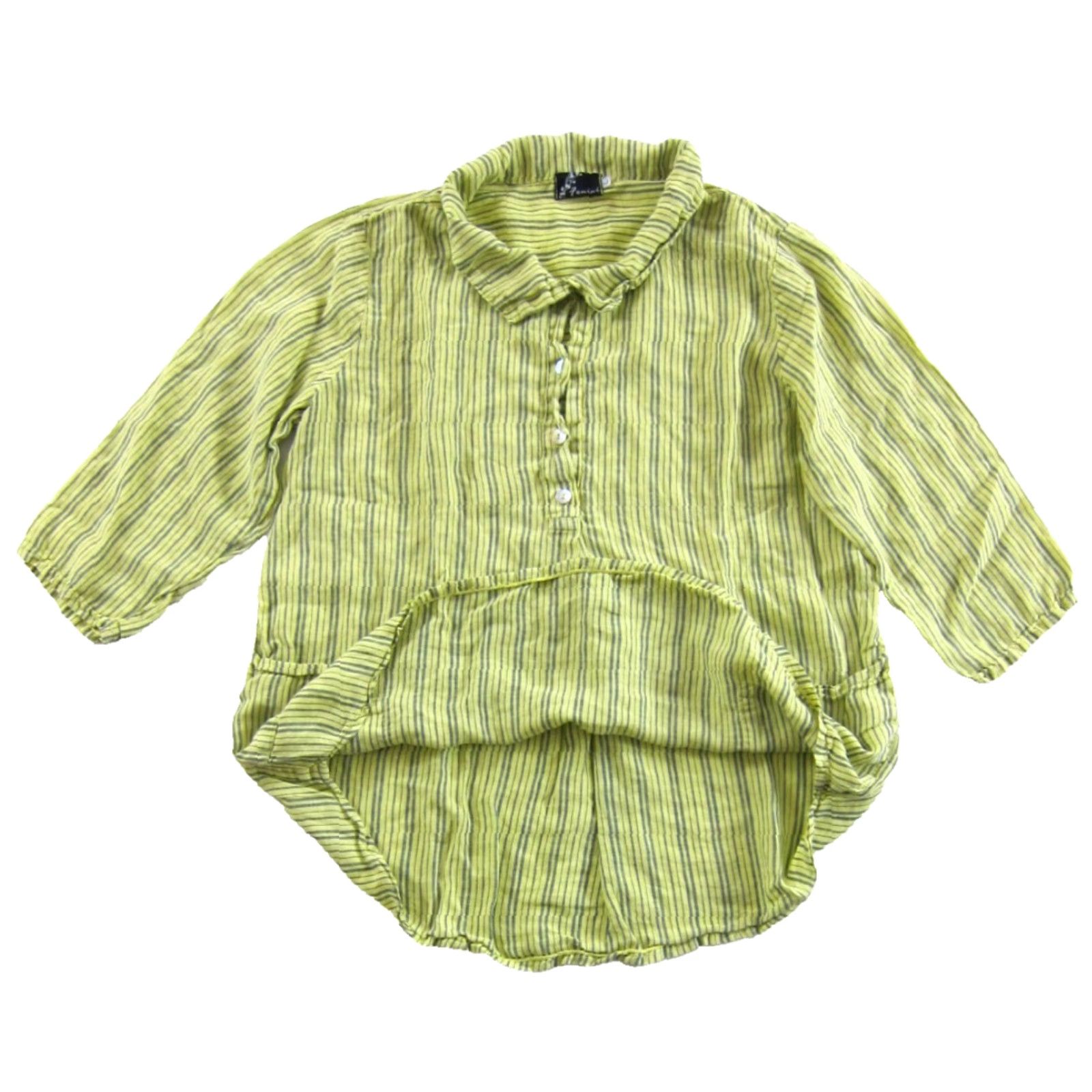 Vintage FENINI Blouse Tunic 3/4 Sleeve Shirt L Yellow Blue Stripe Collared Pocket Linen 100% Linen Women Size L / US 10 / IT 46 - 4 Thumbnail