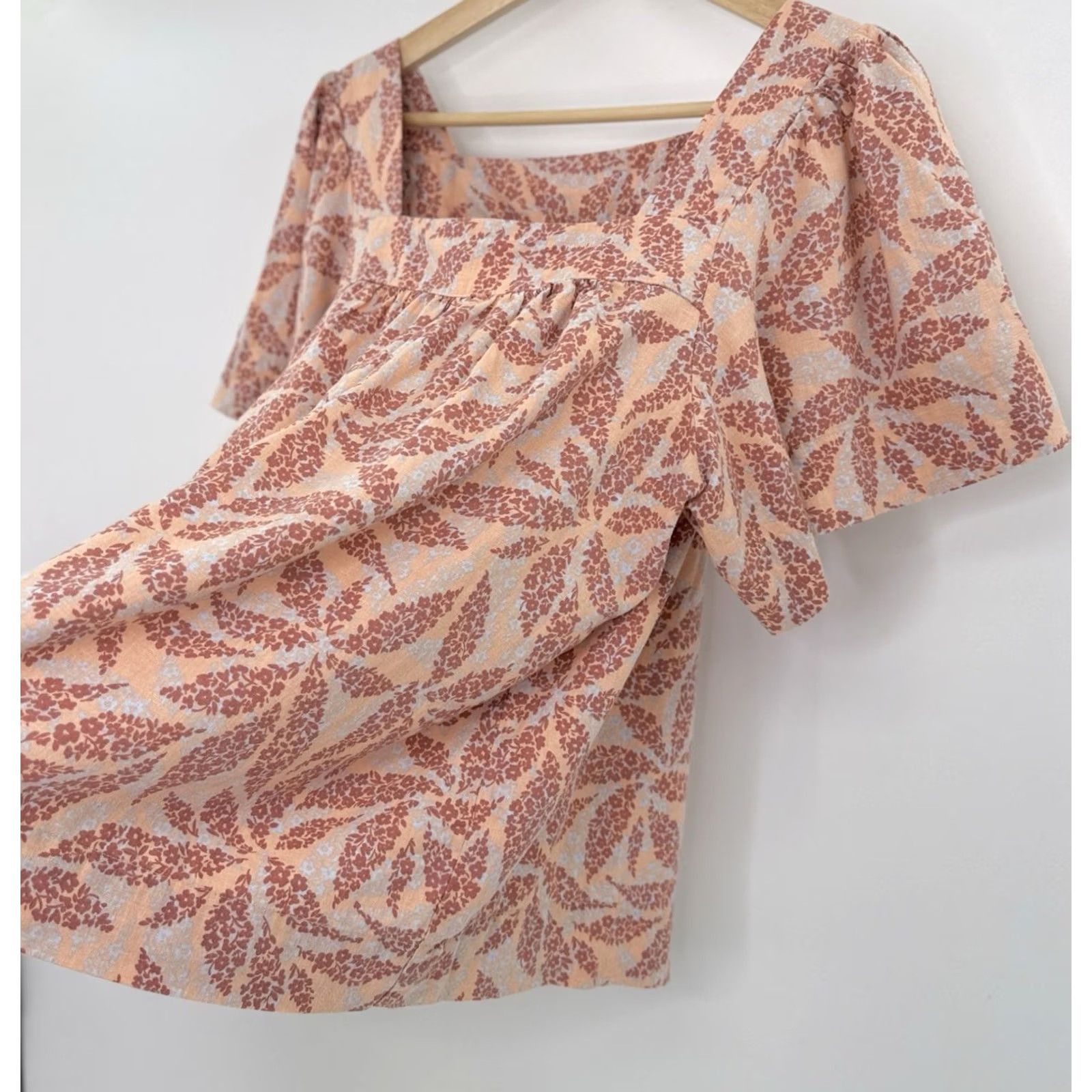 Vintage ECOTHREADS Blouse XL Beach Boho Linen Blend Peach Pink Floral Square Neck Sz Size XL / US 12-14 / IT 48-50 - 7 Thumbnail