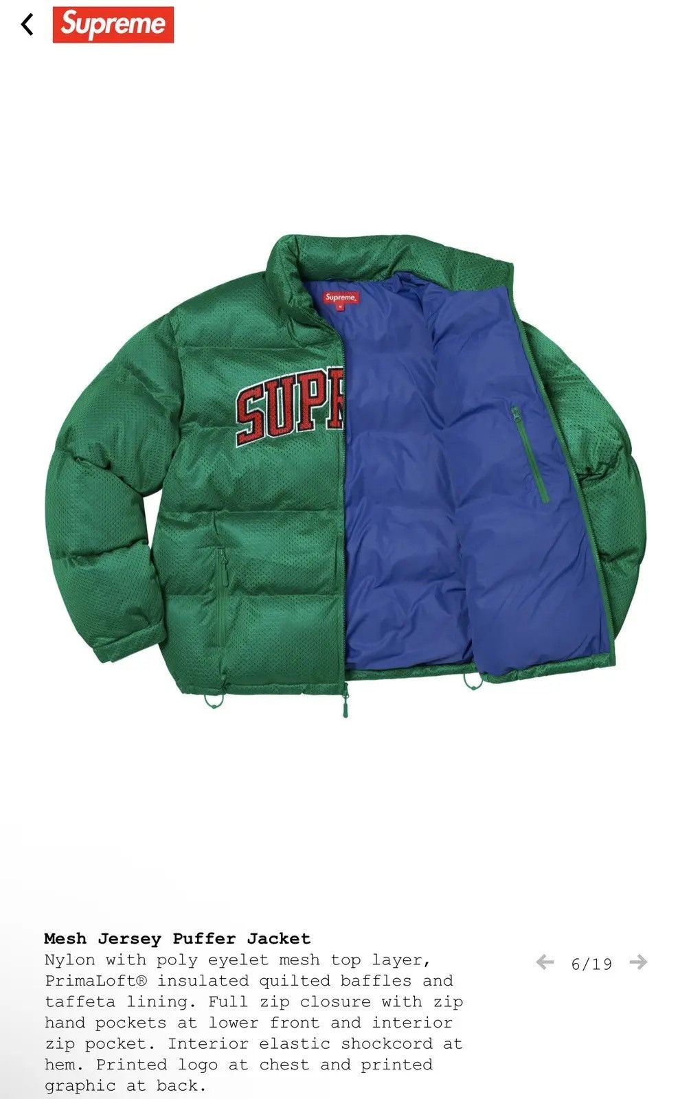 Supreme Supreme Mesh Jersey Puffer Jacket Size US XL / EU 56 / 4 - 4 Thumbnail