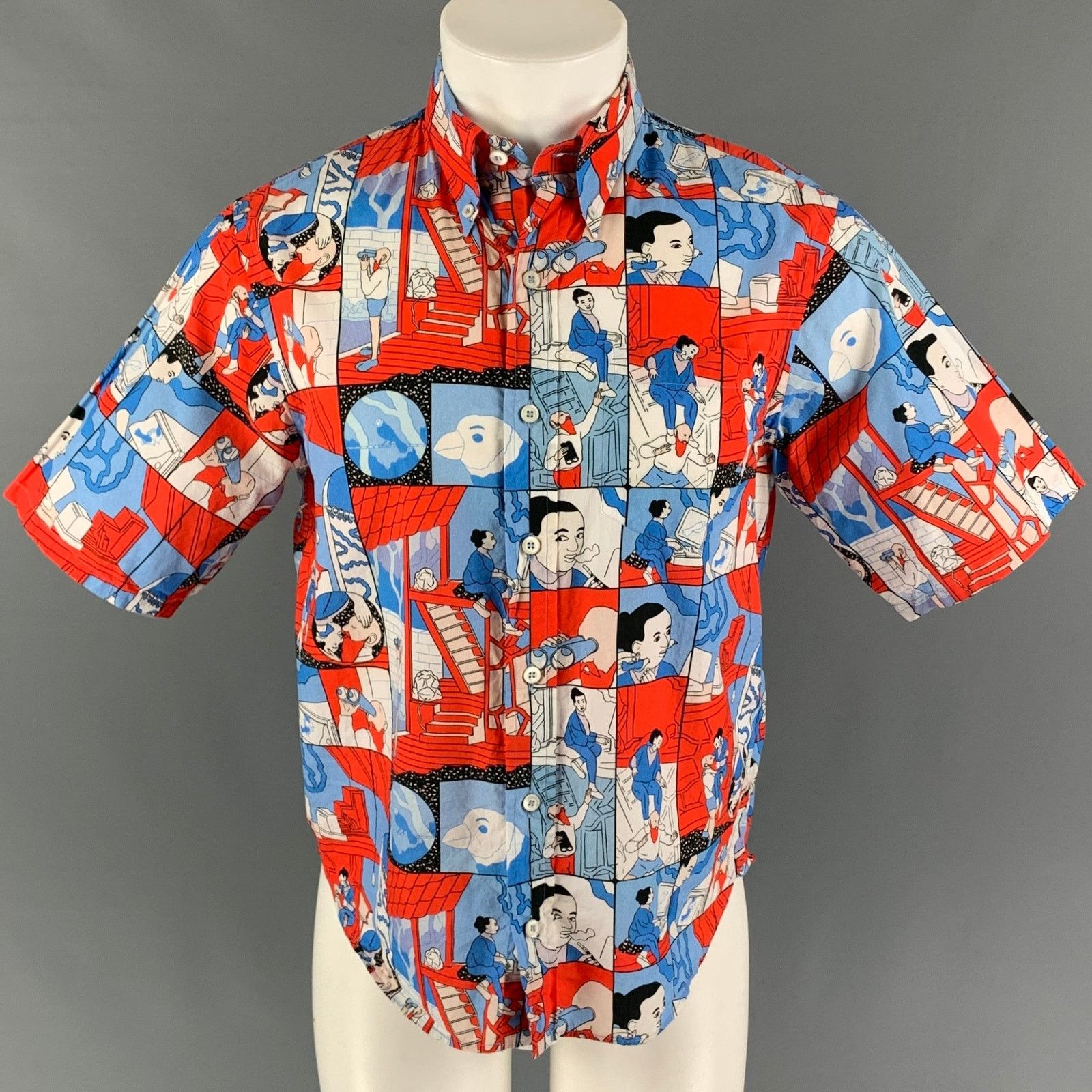 Size S Red Blue Graphic Cotton Short Sleeve Shirt