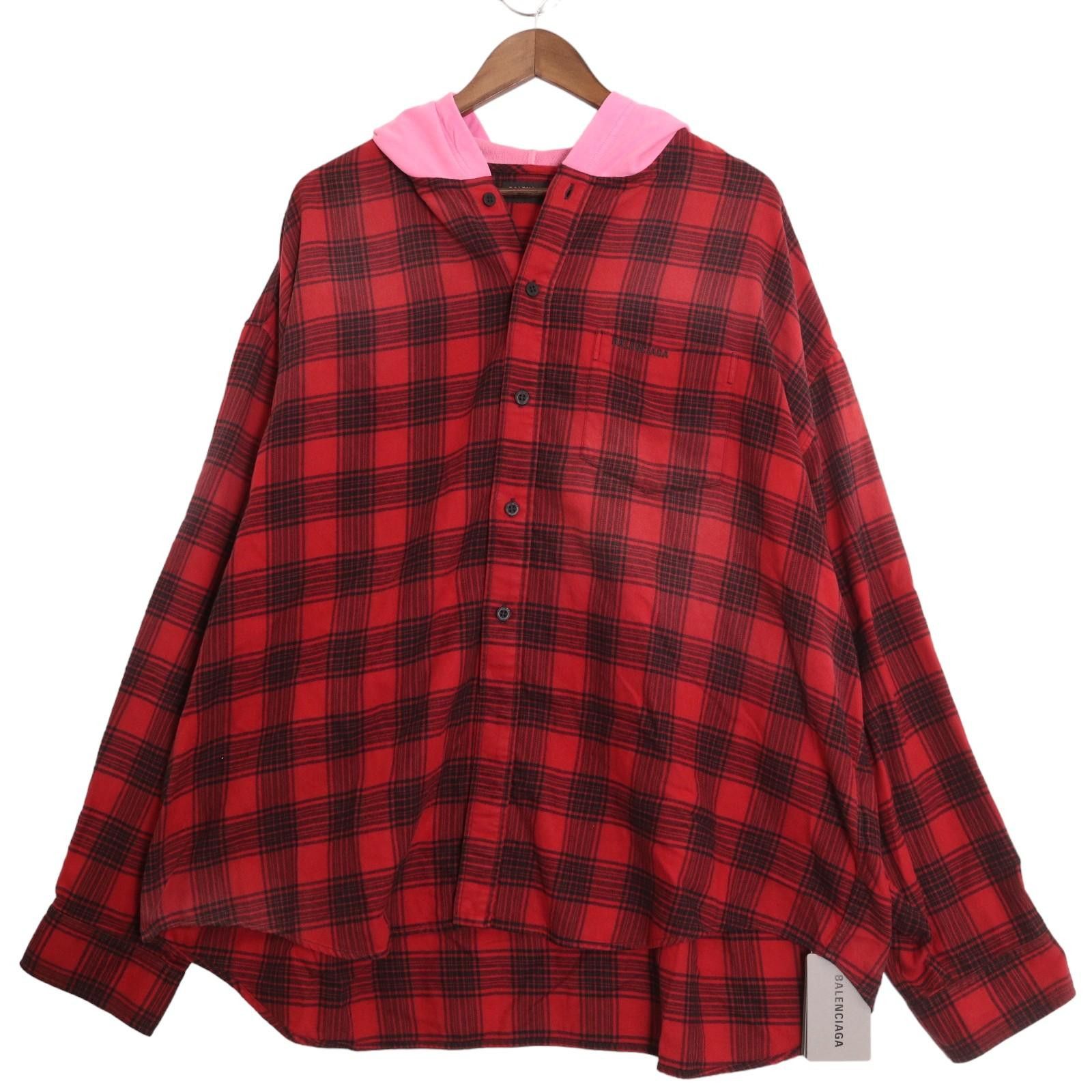 Image of Balenciaga Oversized Hooded Flannel Shirt in Black Red, Men's (Size Small)