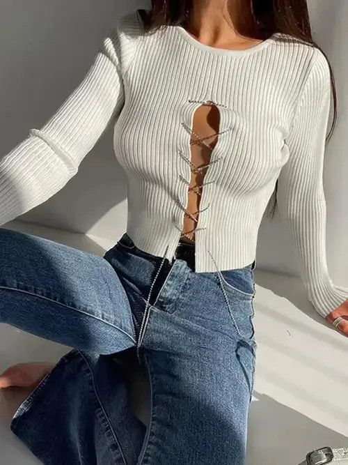 Japanese Brand Chain Bandage Knit T-Shirt for Women Chic Casual Size ONE SIZE - 1 Thumbnail