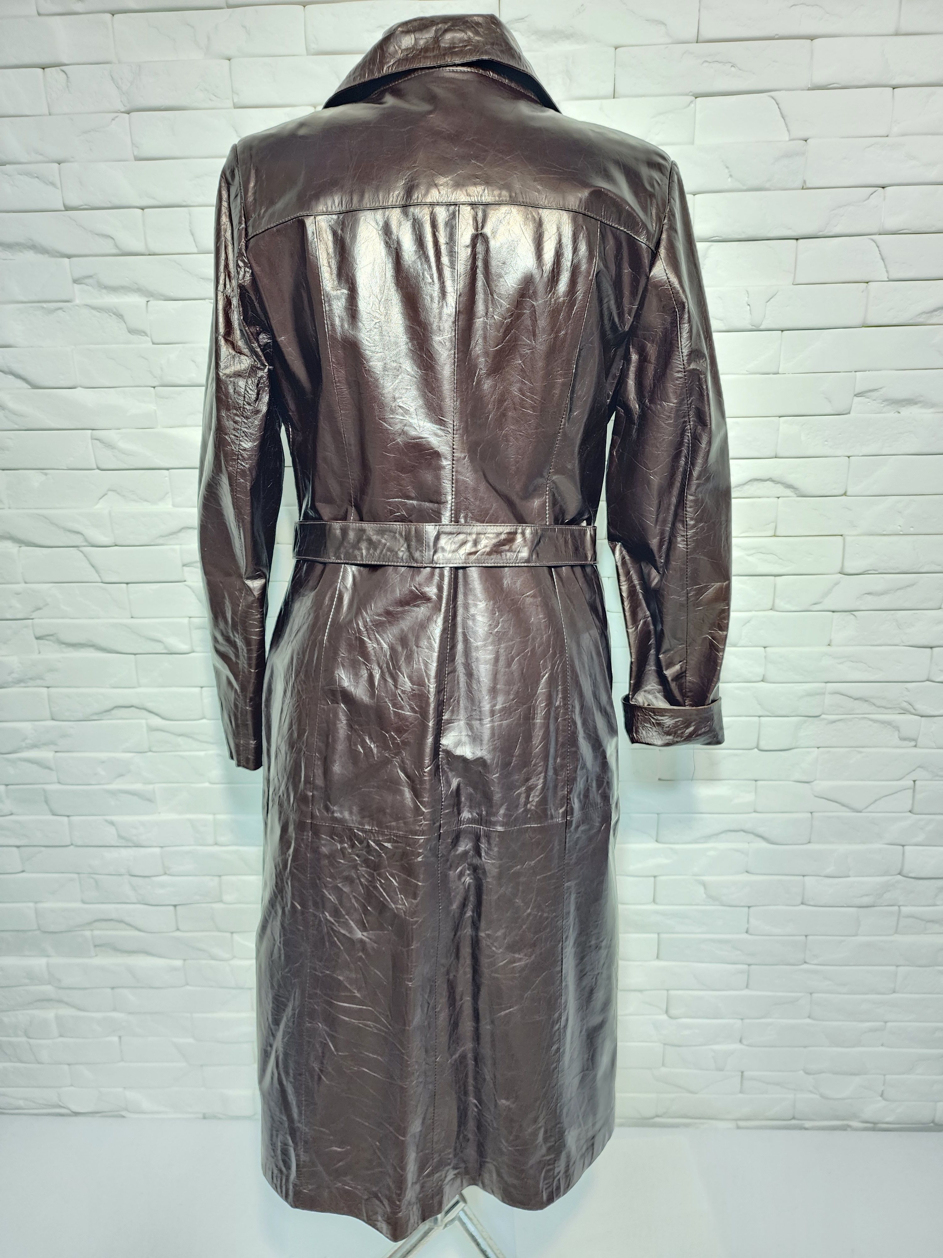 Genuine Leather Brown Patent Leather Coat: Belted Coat. Size L / US 10 / IT 46 - 4 Thumbnail