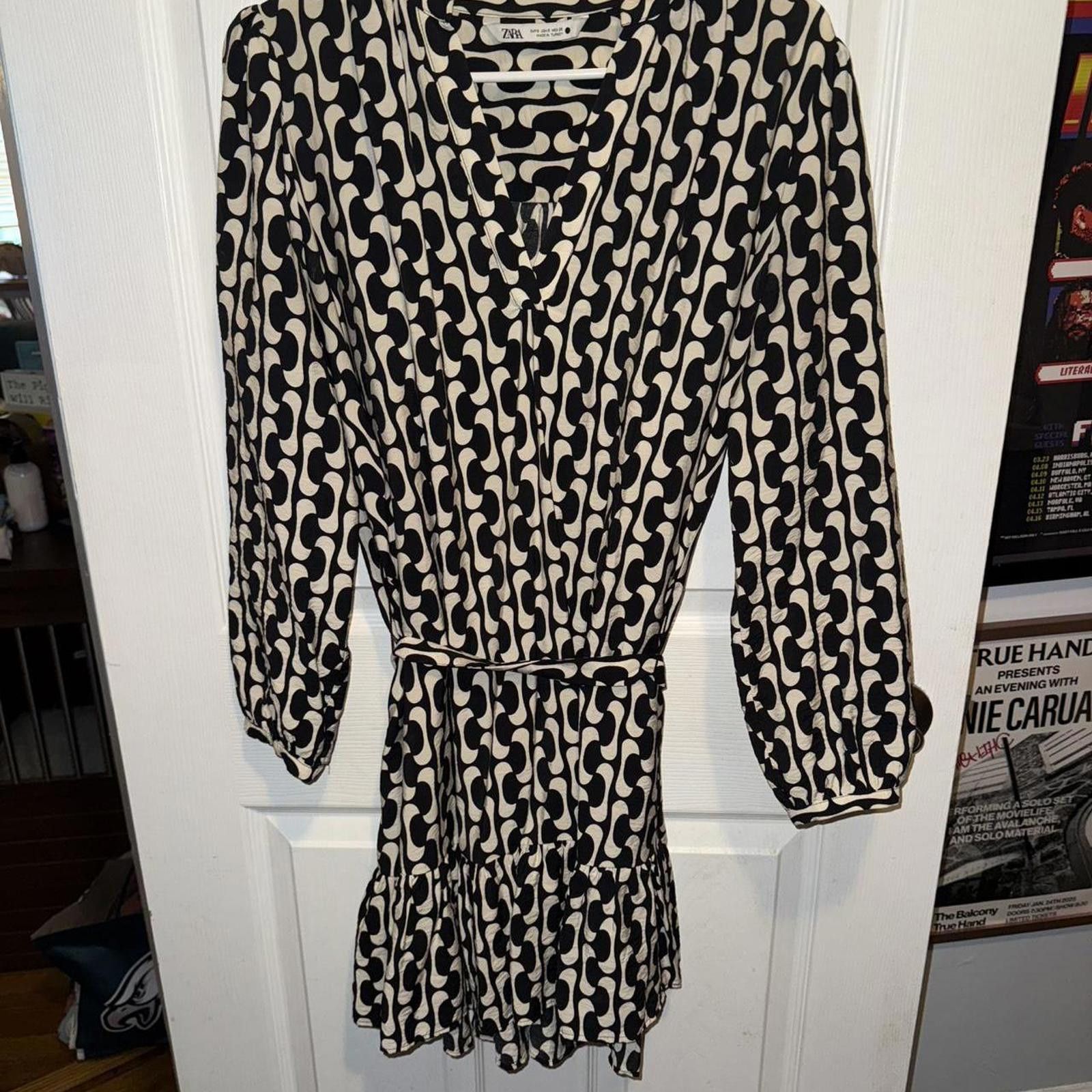 Zara ZARA LS Black & Cream Print Belted Mini Dress ‘The Paula’ Size S / US 4 / IT 40 - 3 Thumbnail