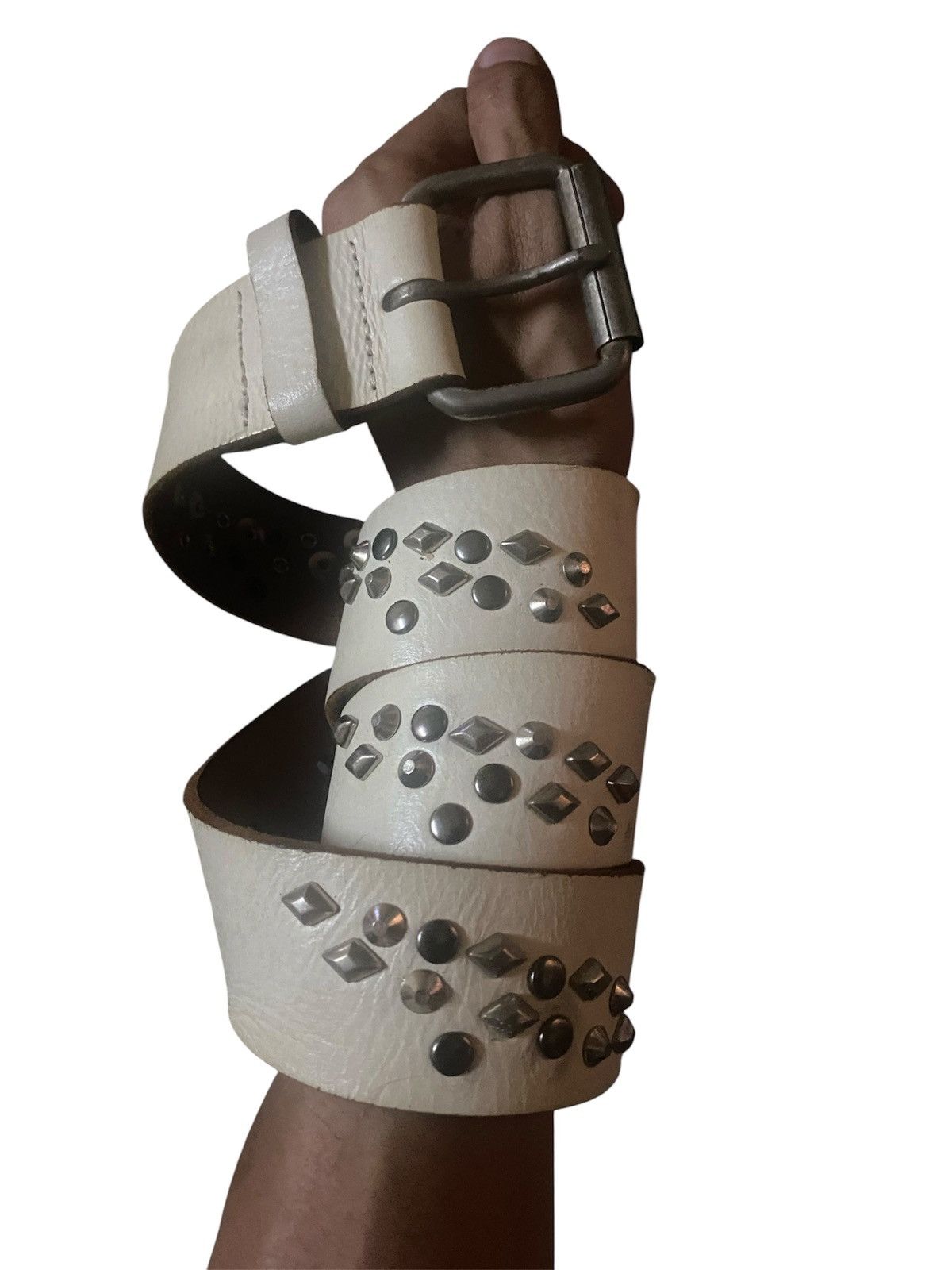 Genuine Leather Cream Leather Studded Spiky Punk Rock Belt Size ONE SIZE - 1 Thumbnail