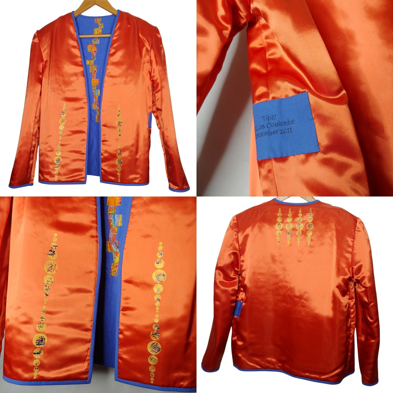 Vintage VINTAGE Lisa Columbe Jacket Tipsy Quilted Patchwork Open Front Short Blue Satin L (Regular) Women’s Jacket Painted Lining Size L / US 10 / IT 46 - 8 Thumbnail