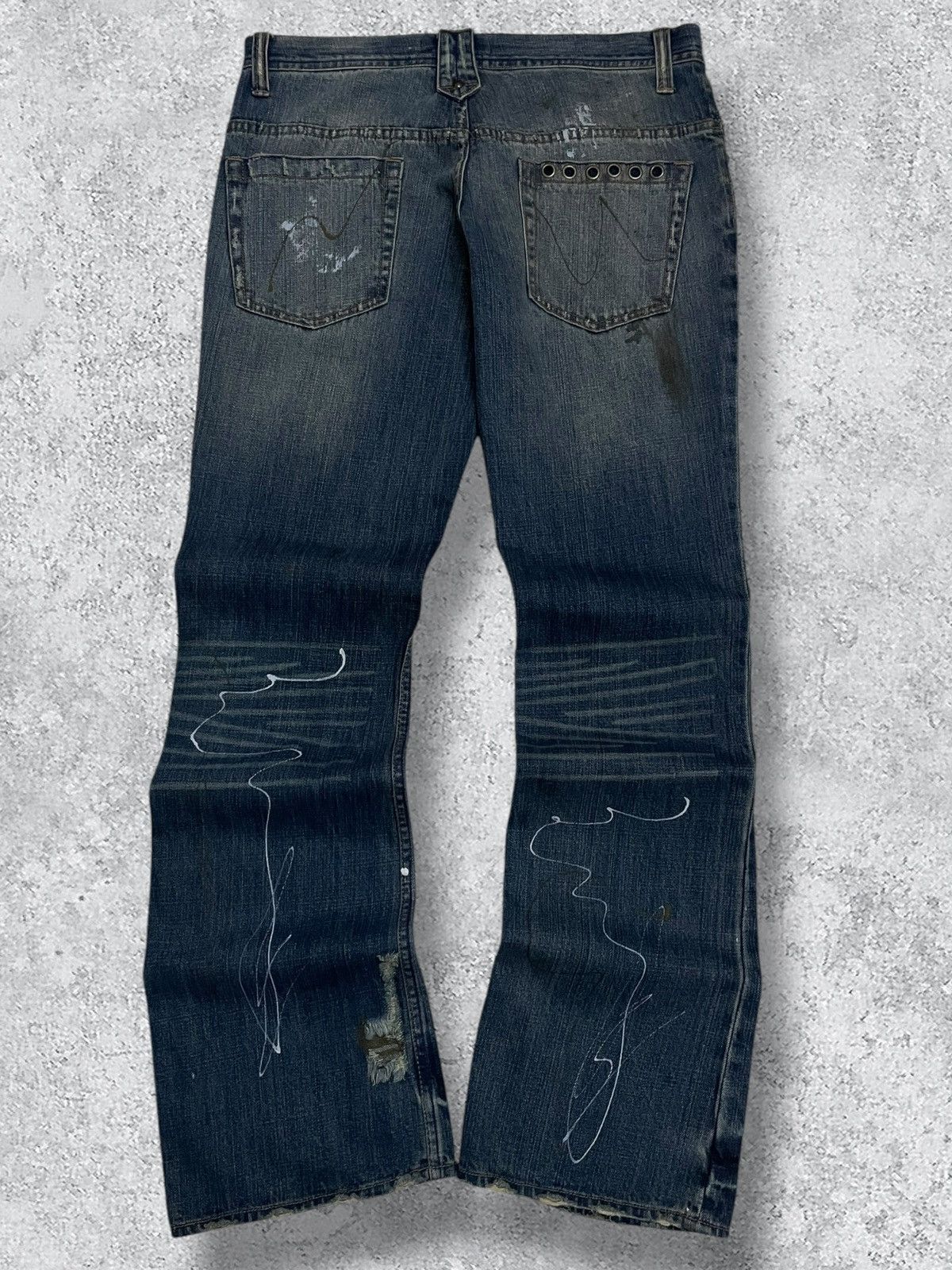 Japanese Brand Vintage 1990s Japan Designer Root Three Splash Flared Denim Size US 32 / EU 48 - 9 Thumbnail