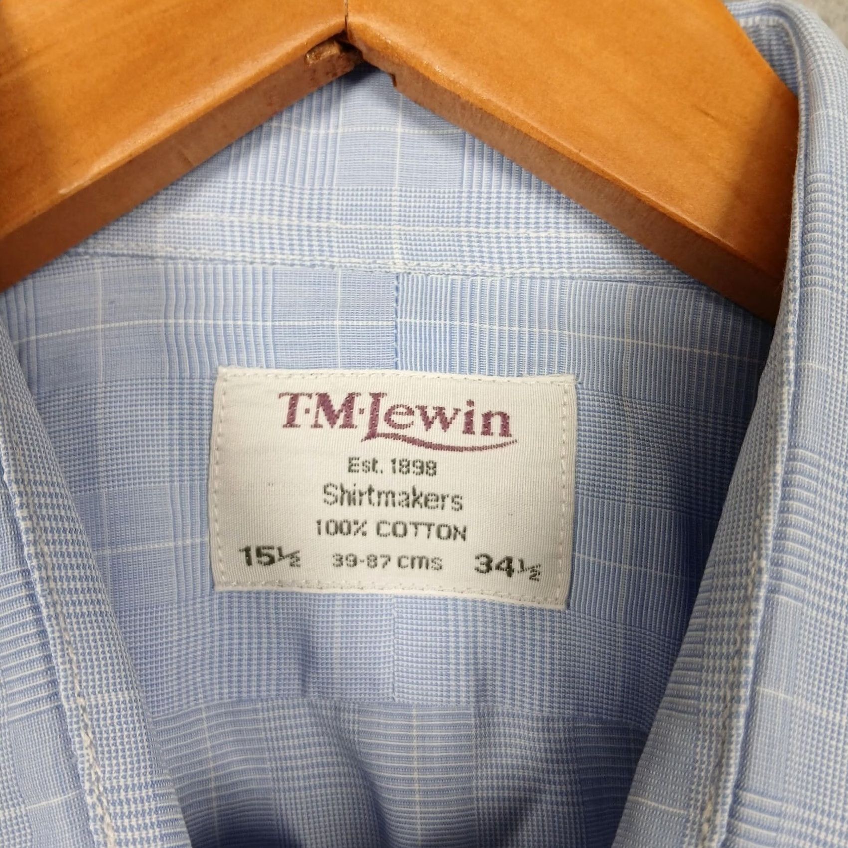 Vintage T.M.Lewin Shirt Mens 15.5 Blue Plaid Spread Collar Long Sleeve 100% Cotton Dress Shirts Size 42R - 3 Thumbnail