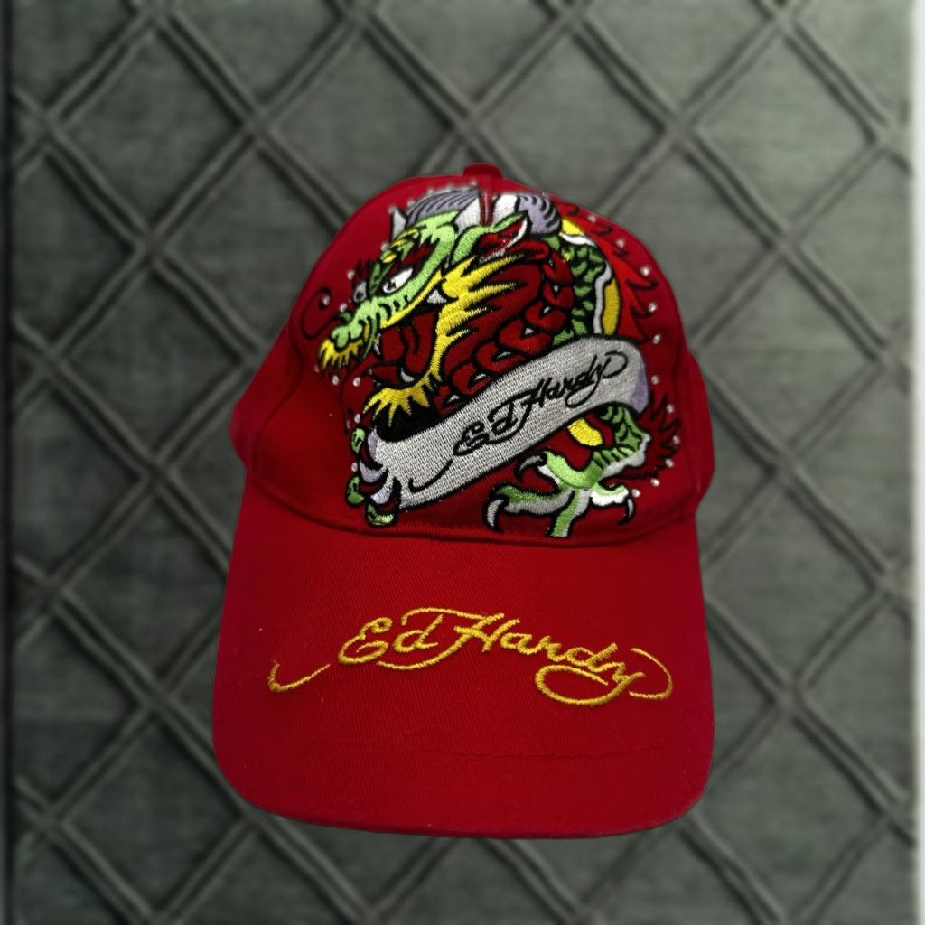 Ed Hardy Ed Hardy Red Embroidered Dragon Ball Cap Hat Strapback Unisex Adults One Size Red Cotton Size ONE SIZE - 1 Thumbnail
