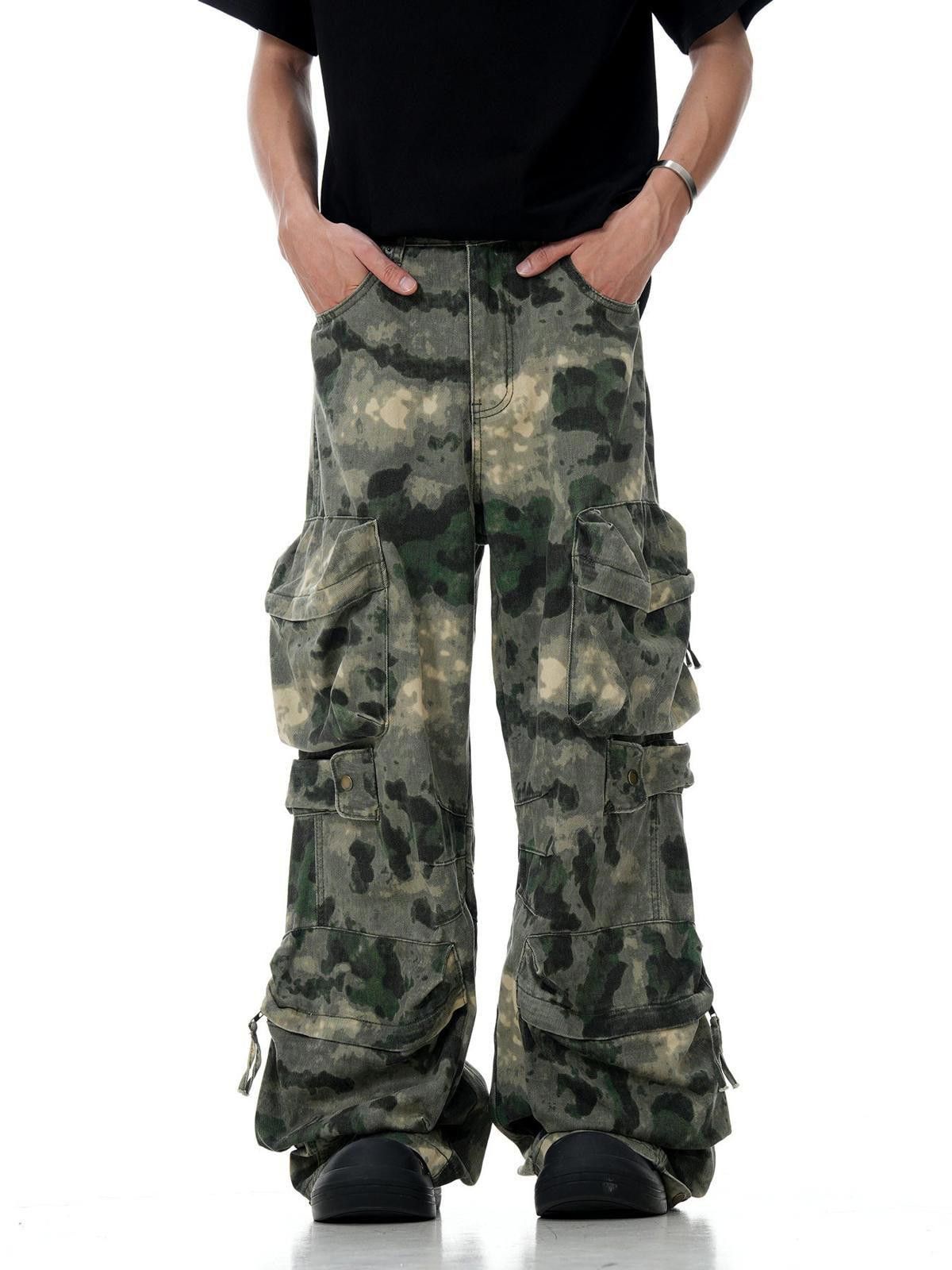 Japanese Brand Green Camouflage Cargo Pants, Baggy Wide Leg Trousers Size US 32 / EU 48 - 4 Thumbnail