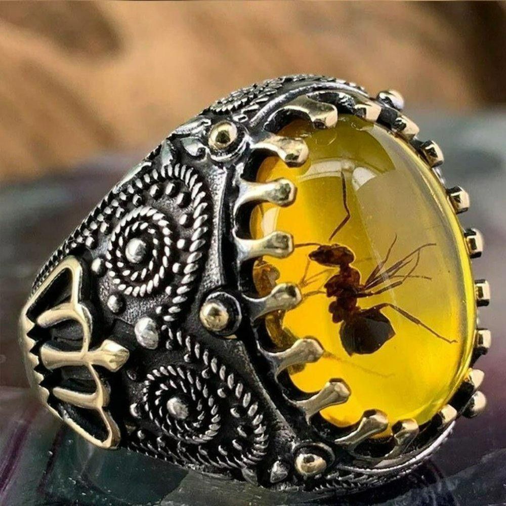 Designer Men's Royal King Crown Amber Ant Fossil Insect Ring - Size 8 Size ONE SIZE - 2 Thumbnail