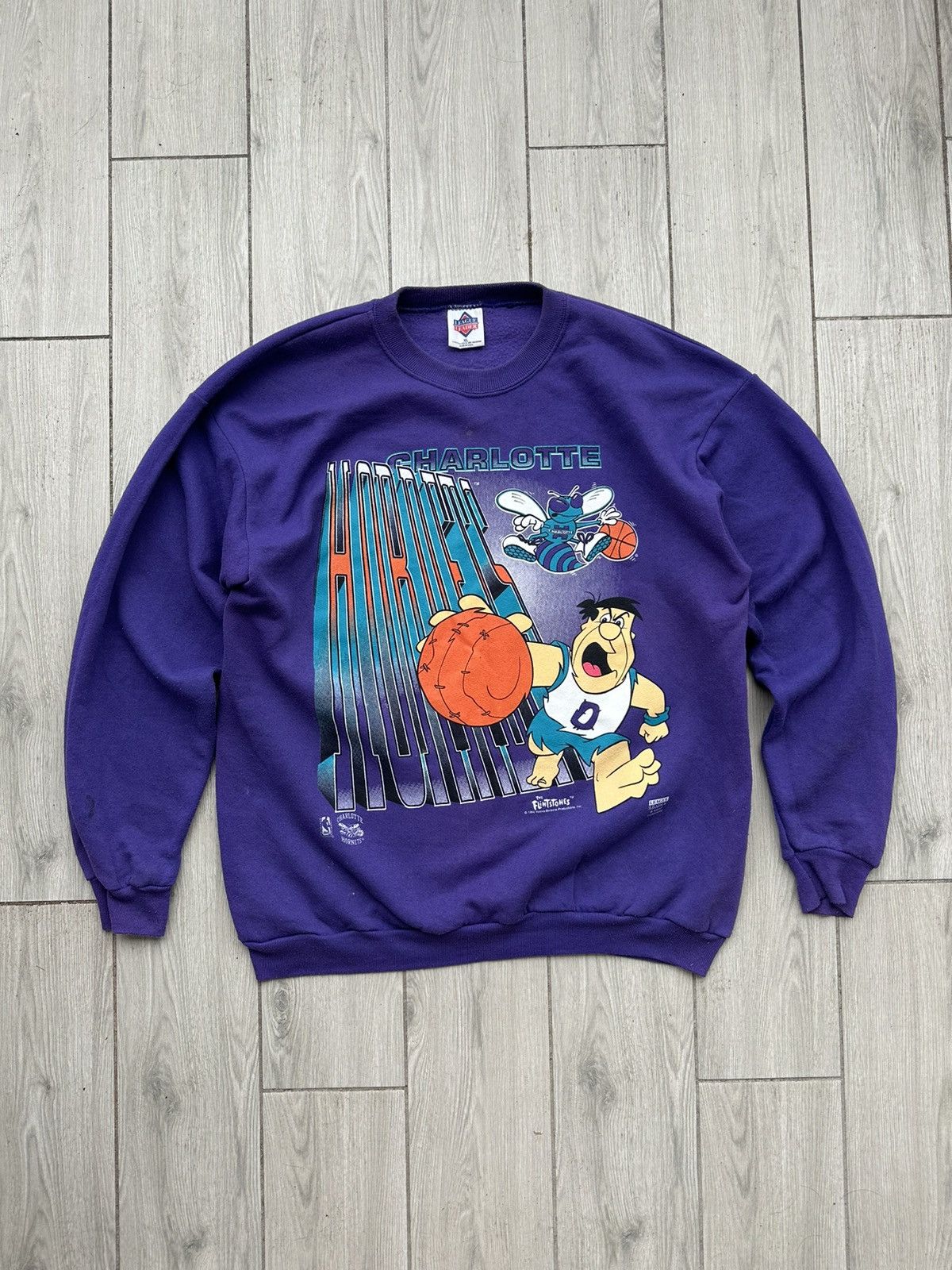 image of NBA x Salem Vintage Charlotte Hornets 90’S Flintstones Salem Crewneck in Purple, Men's (Size XL)