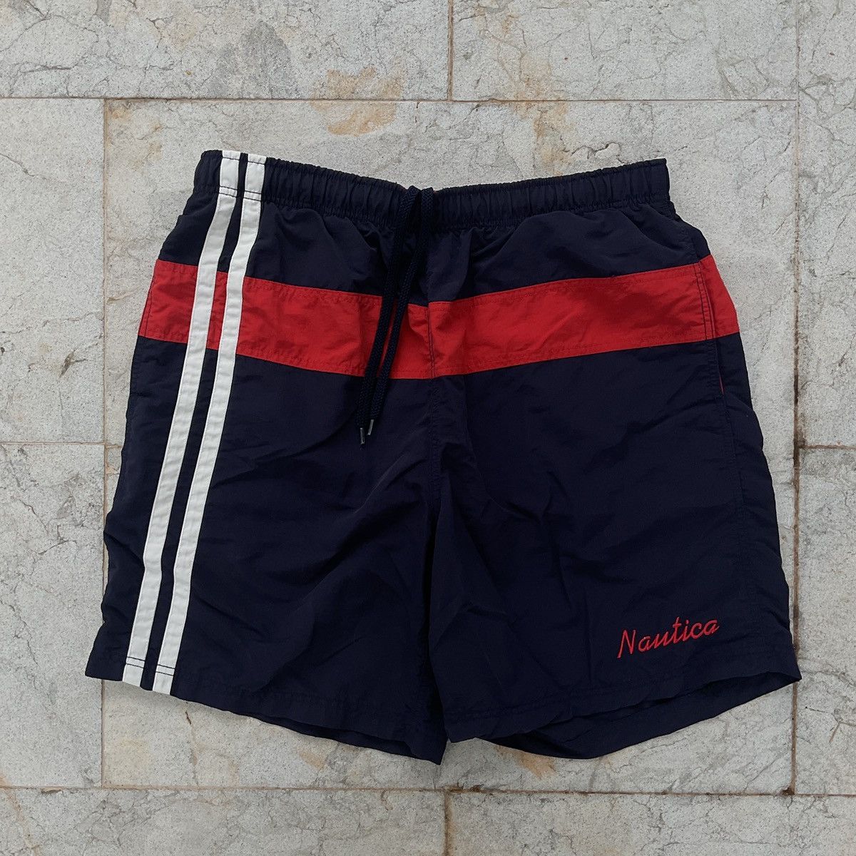 Nautica Vintage 90s Náutica Striped Script Swim Trunk Shorts Size US 34 / EU 50 - 1 Thumbnail