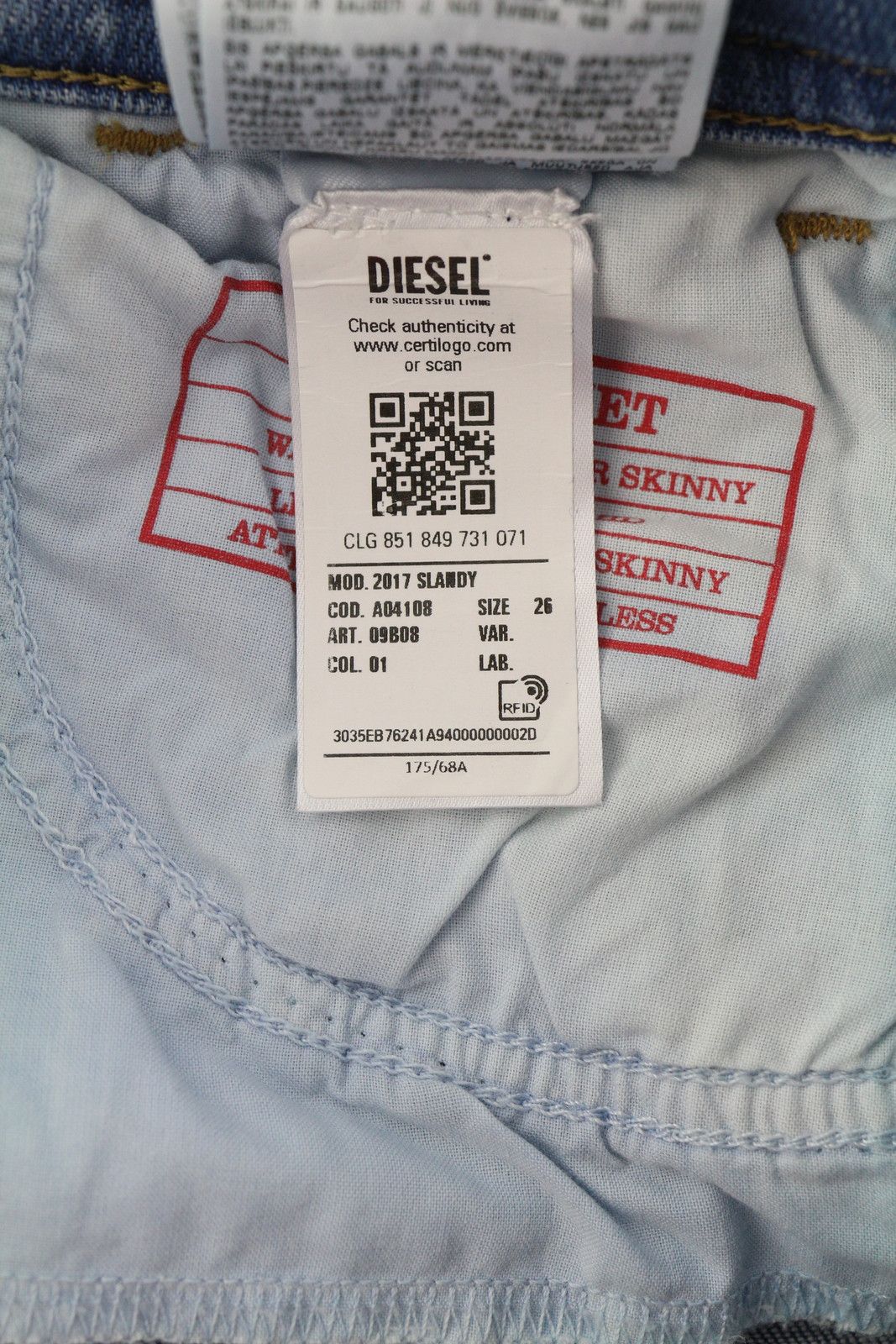Diesel 2017 SLANDY 09B08 W26/L32 Super Skinny Mid Waist 40680 Size 26" / US 2 / IT 38 - 10 Thumbnail