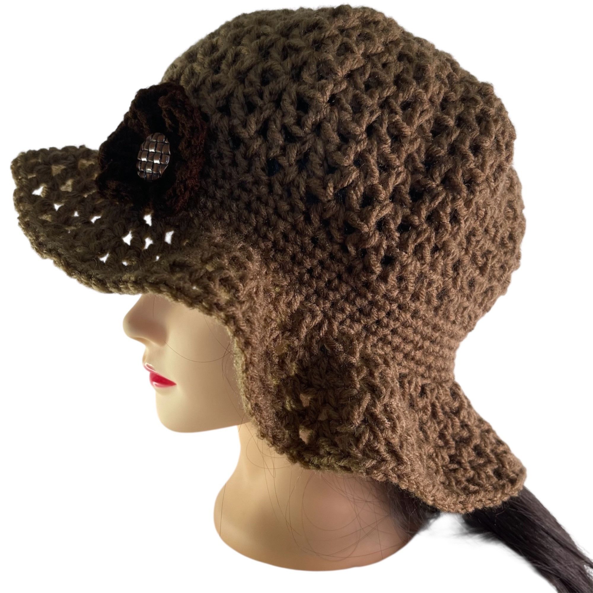 Handmade Crochet Bucket Hat Retro Style Brown and Tan Flower Embellis Size ONE SIZE - 2 Thumbnail