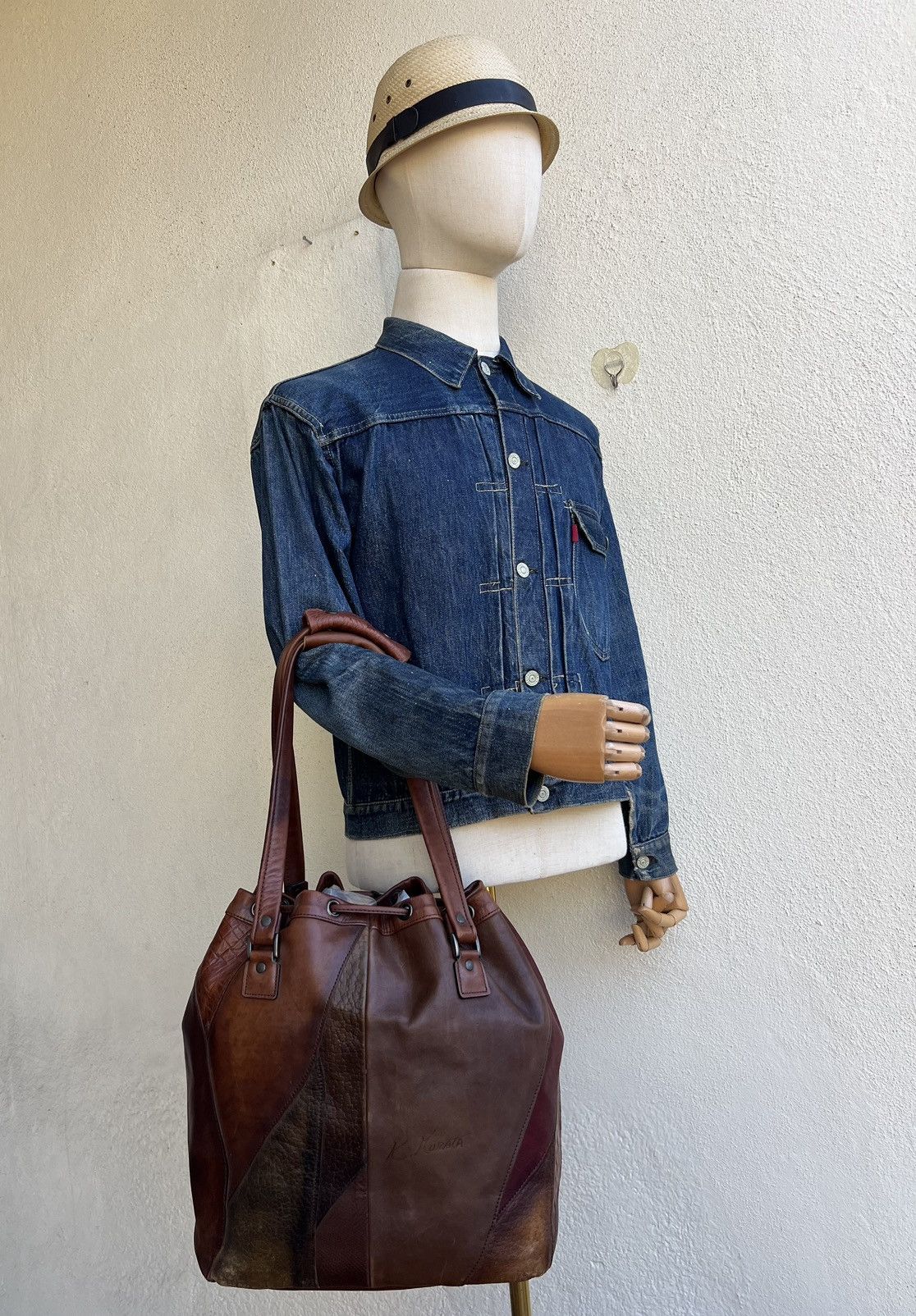 Leather Vintage K. Murata Japan Fade Patina Patchwork Tote Bag Size ONE SIZE - 7 Thumbnail