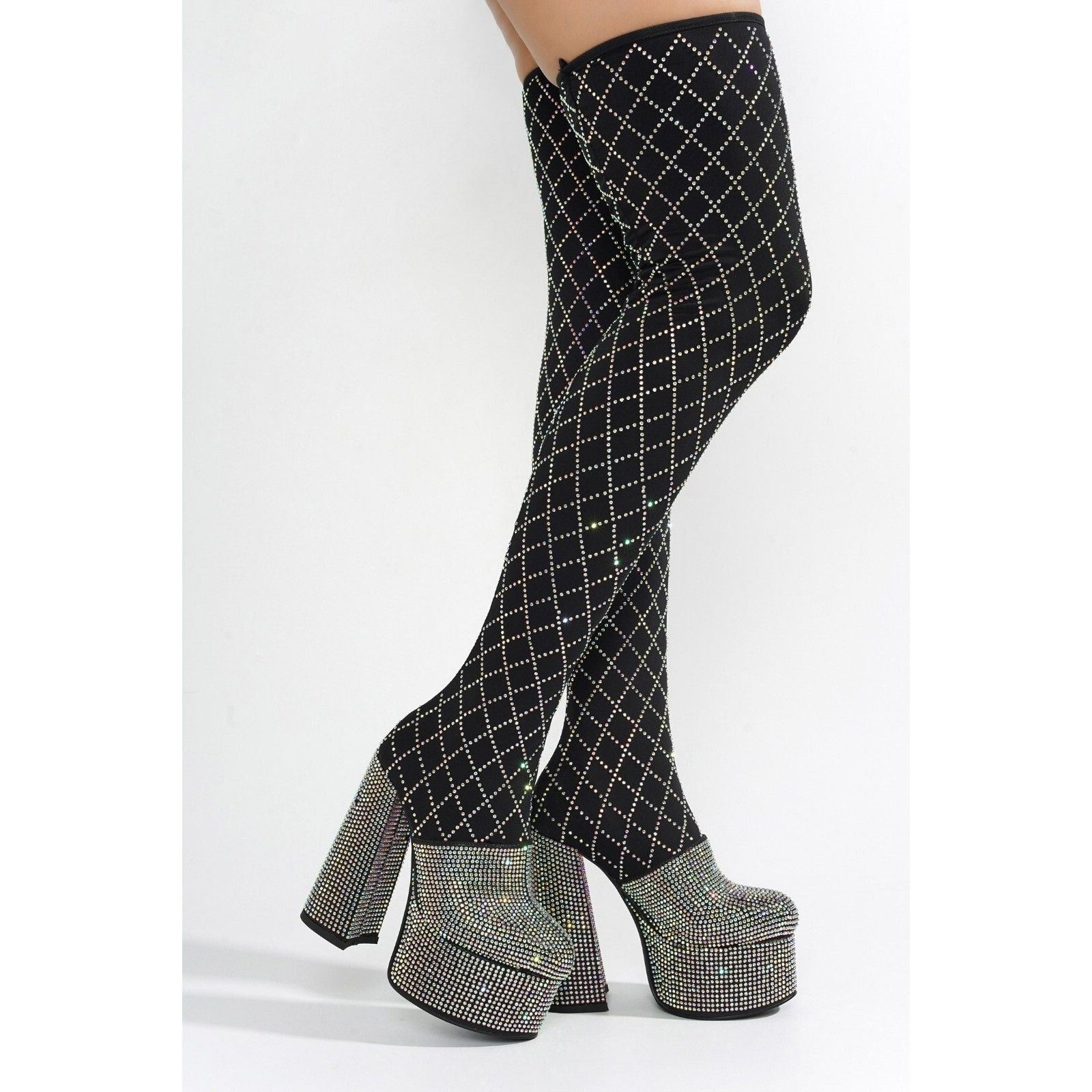 Other Diamonds Black Silver Rhinestone Stretch Thigh High Chunky H Size US 6.5 / IT 36.5 - 2 Thumbnail