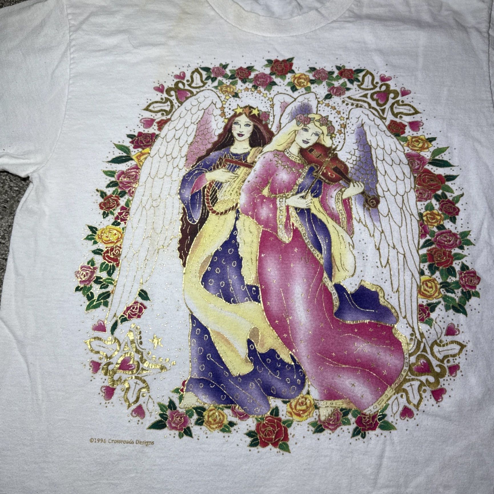 Delta VINTAGE 90s Fairy Princess Harp Violin Angels Flower White T-Shirt Adult Medium Size US M / EU 48-50 / 2 - 3 Thumbnail