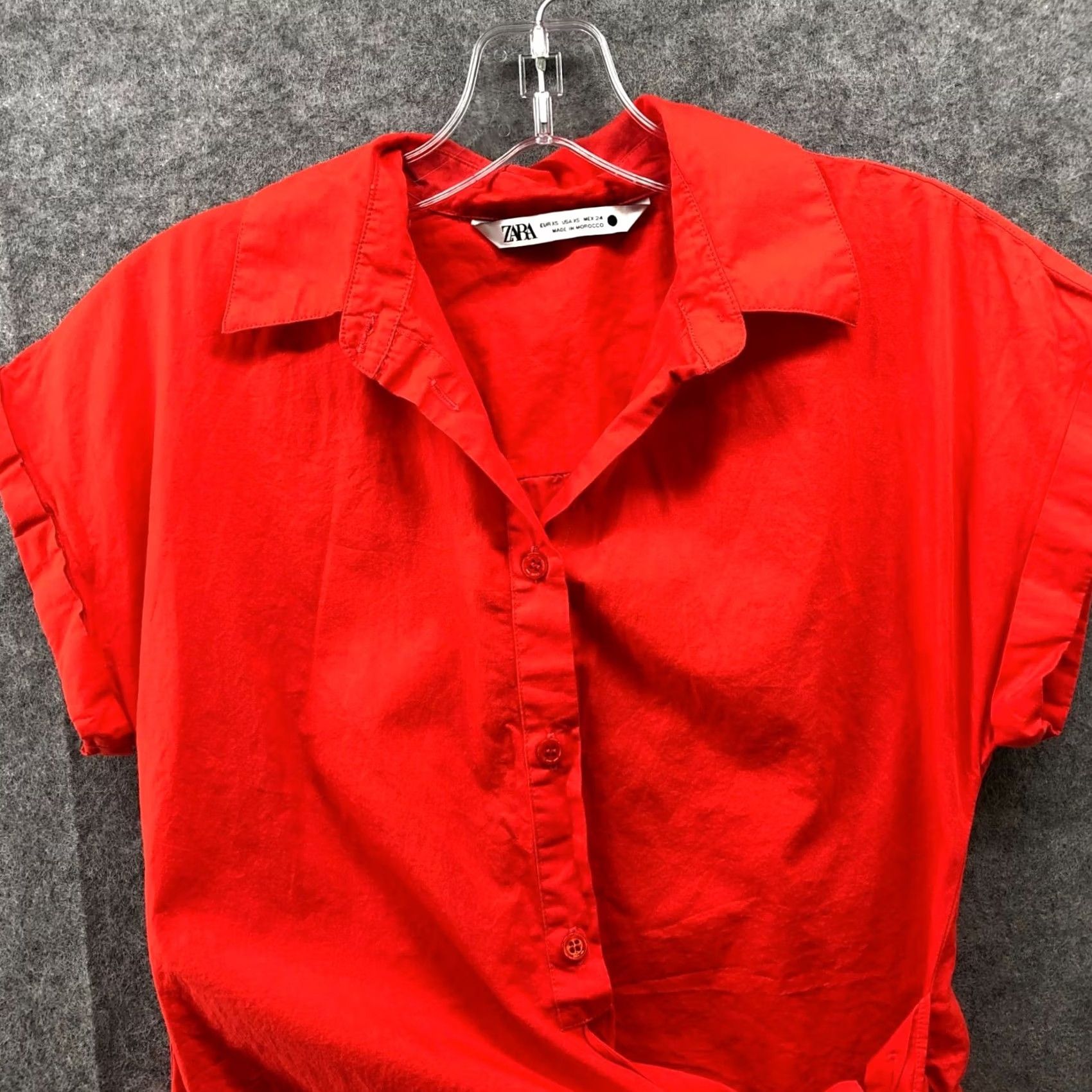Zara Zara Shirt Womens XS Red Short Sleeve Poplin Button Front Popover Asymmetric Blouse Casual Knit Cotton Size XS / US 0-2 / IT 36-38 - 3 Thumbnail