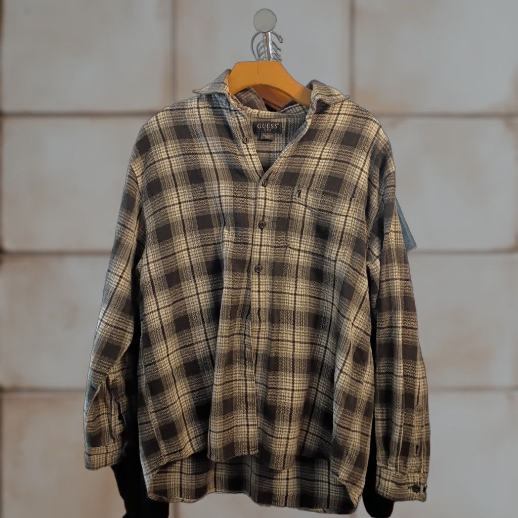 VINTAGE GUESS Shirt Mens L Multicolor Plaid Flannel Madras Checkered Cotton Made In India 90s