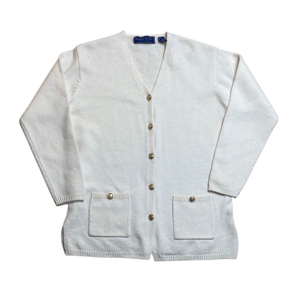 Vintage 90s vintage Karen Scott Wool Knit White Cardigan with Gold B Size M / US 6-8 / IT 42-44 - 1 Thumbnail