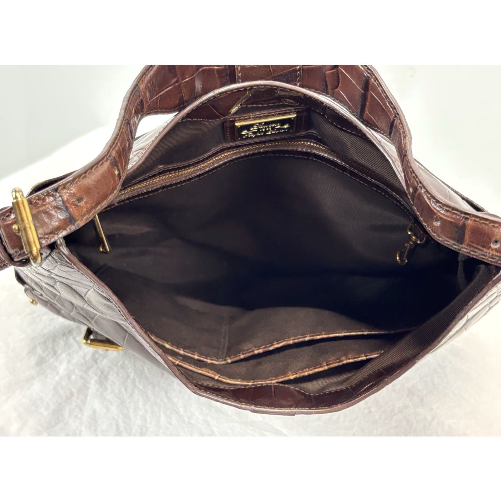 Ralph Lauren Lauren Ralph Lauren Croc Embossed Leather Hobo Purse Brown Shoulder Bag Women Medium Croc Brown Leather Gold Hardware 90s Designer Old Money Size ONE SIZE - 6 Thumbnail