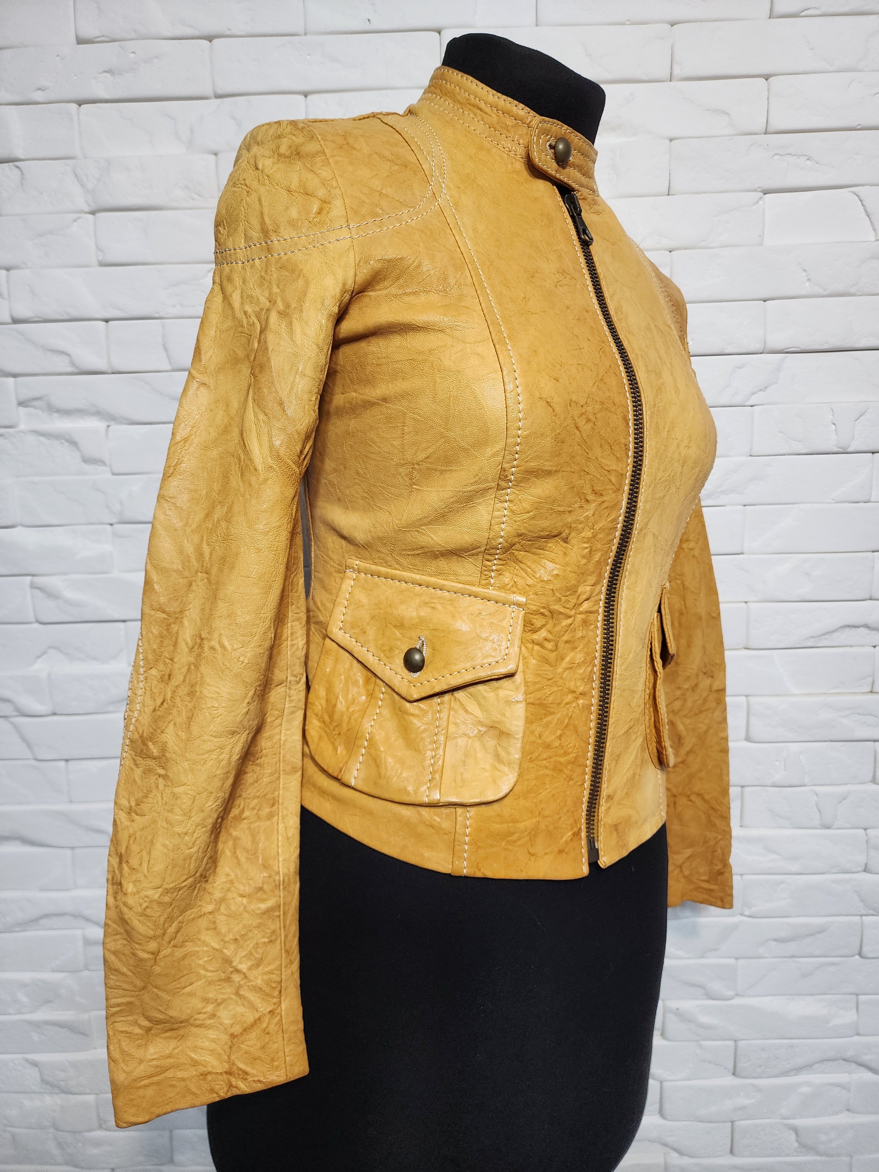 Other Yellow Leather Jacket: Women's Zipper Up Size S / US 4 / IT 40 - 3 Thumbnail