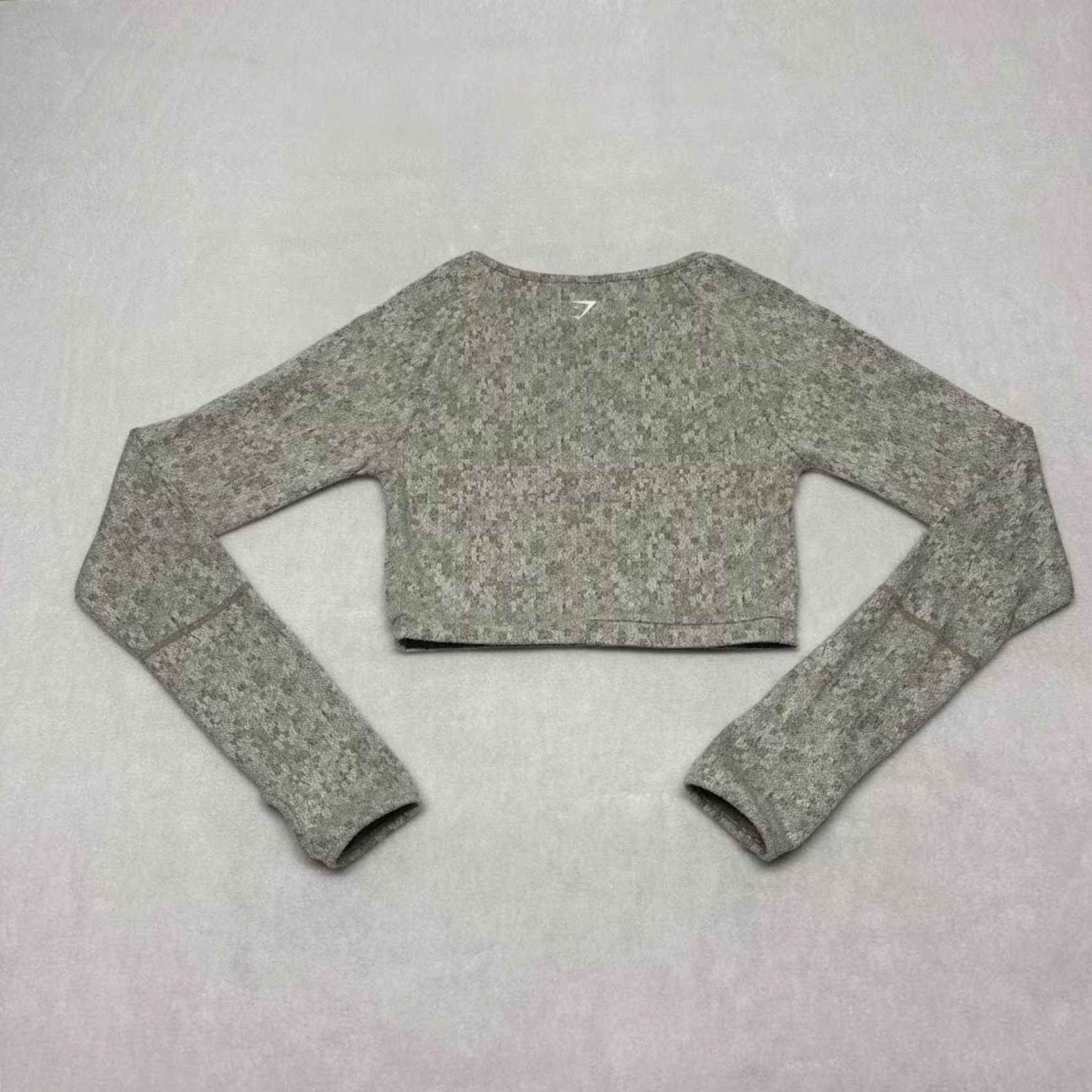 Gymshark Gymshark Top Womens XS Green Long Sleeve Crop Keyhole Neck Khaki Marl Thumbhole Fleur Texture Size XS / US 0-2 / IT 36-38 - 3 Thumbnail