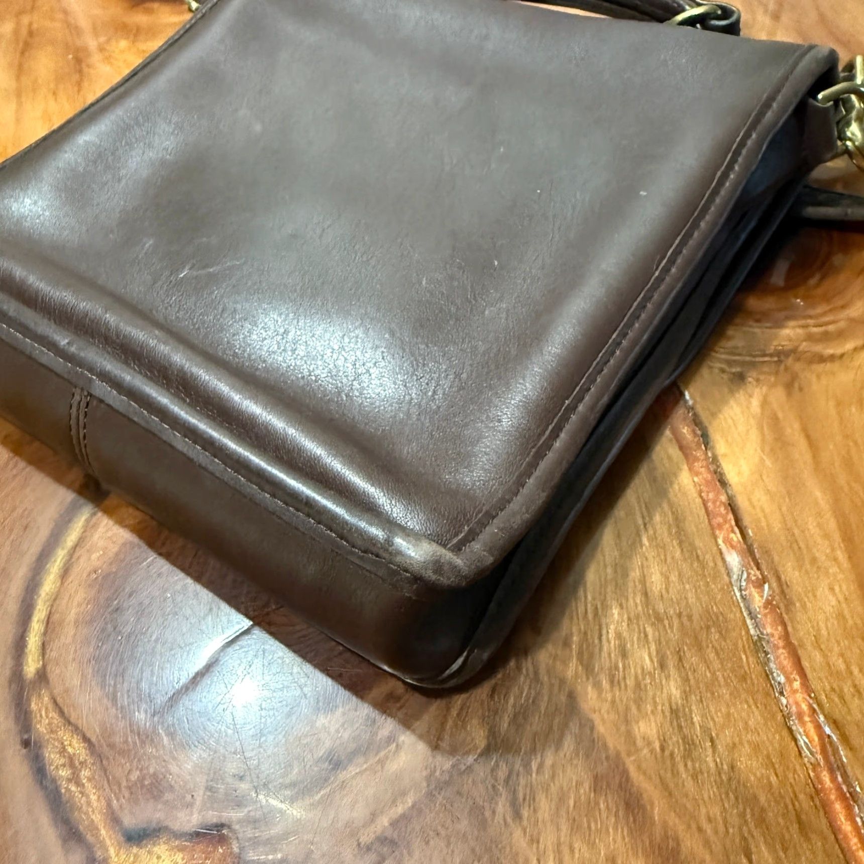 VINTAGE Coach Shoulder Bag Unisex Adults Small Brown Leather Square 9x9.5x2 12 Strap Drop SS14 Logo Classic Bag Purse