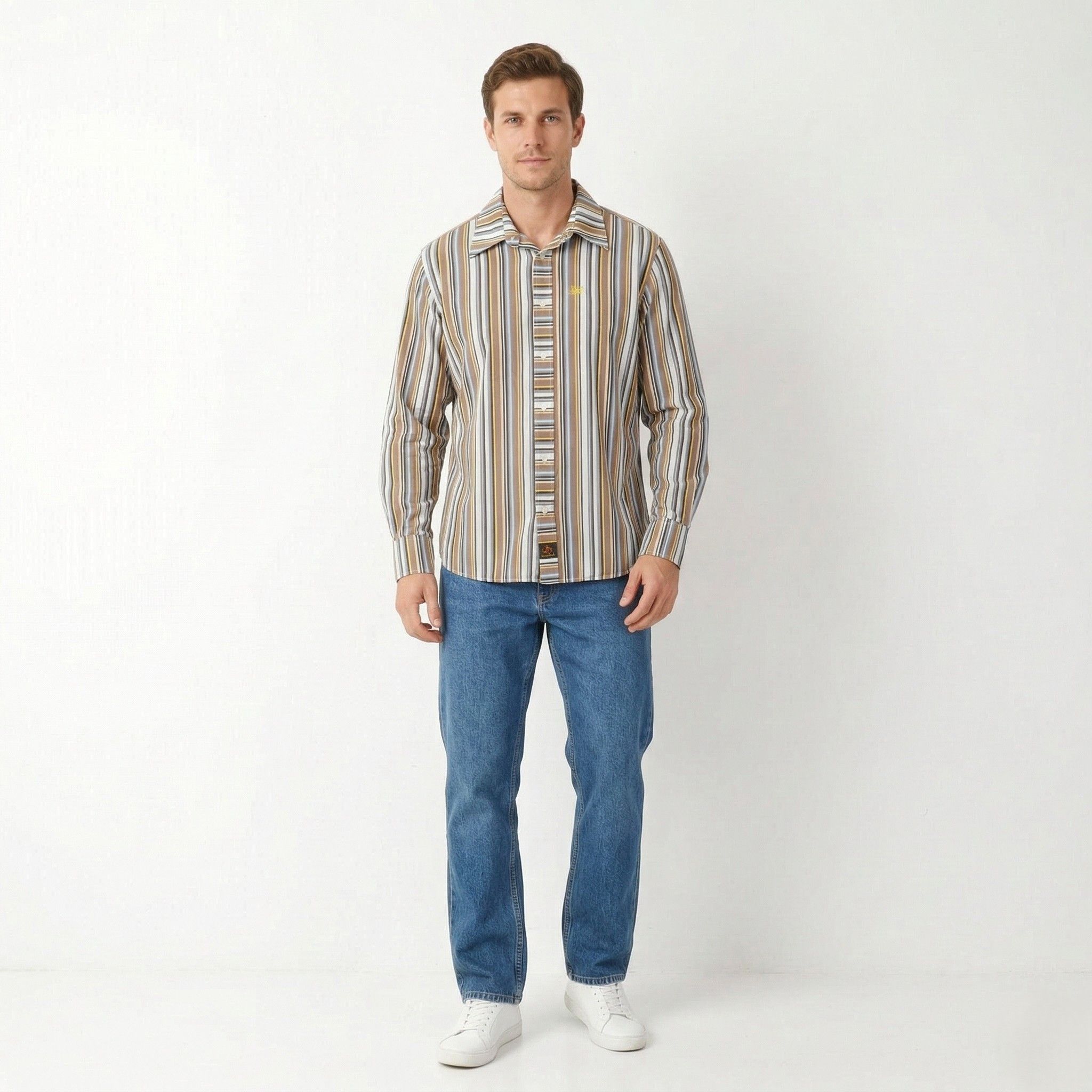 Lee Lee Men XL Casual Shirt Brown Striped Cotton Western 1211 Size US XL / EU 56 / 4 - 1 Thumbnail