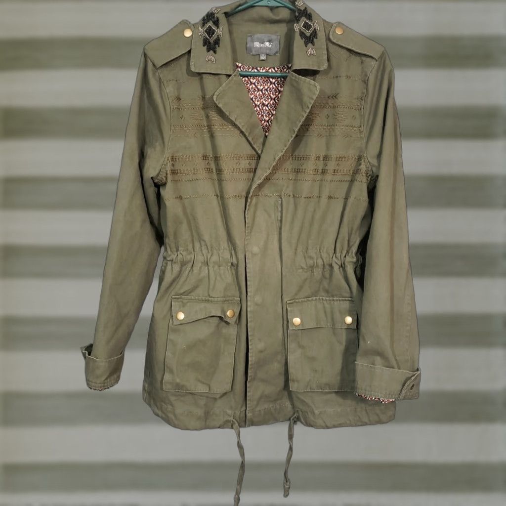 Miss Me Miss Me Military Style Army Green Beaded Collar Jacket Embellished Size S Women Cotton Button-Front Short Fall Spring Winter Casual Vintage: No Size S / US 4 / IT 40 - 1 Thumbnail