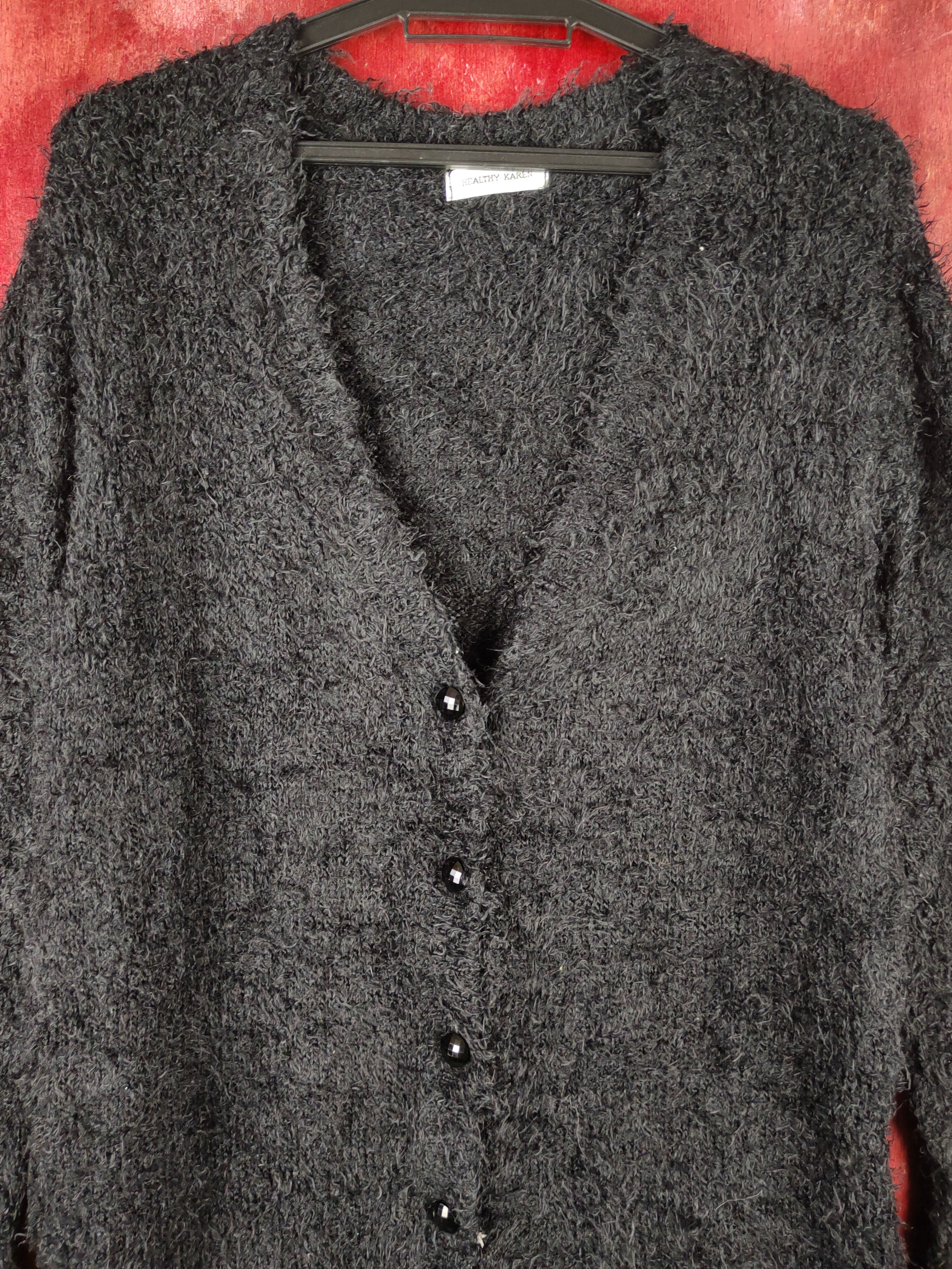 Japanese Brand Healthy Karen Black Fur Mohair Knitwear Cardigan #S2174 Size L / US 10 / IT 46 - 2 Thumbnail